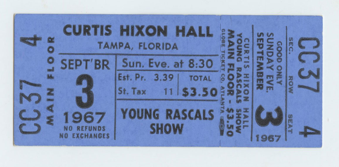 Young Rascals Ticket Vintage 1967 Sep 3 Tampa FL 