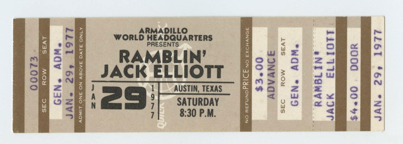 Ramblin' Jack Elliott Ticket Vintage 1977 Jan 29 Austin TX 