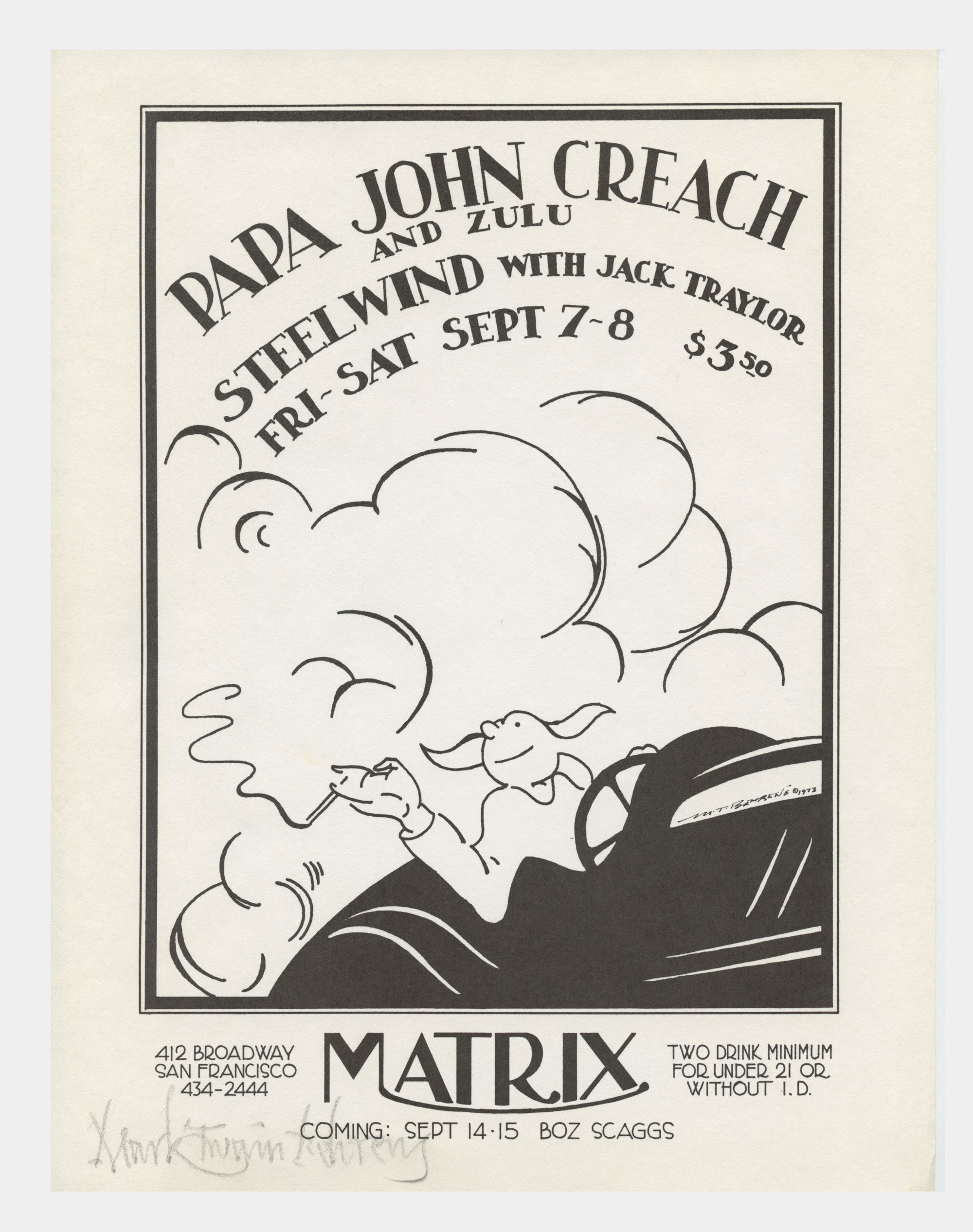 Matrix Handbill 1973 Papa John Creach Steelwind with Jack Taylor Mark T Behrens signed