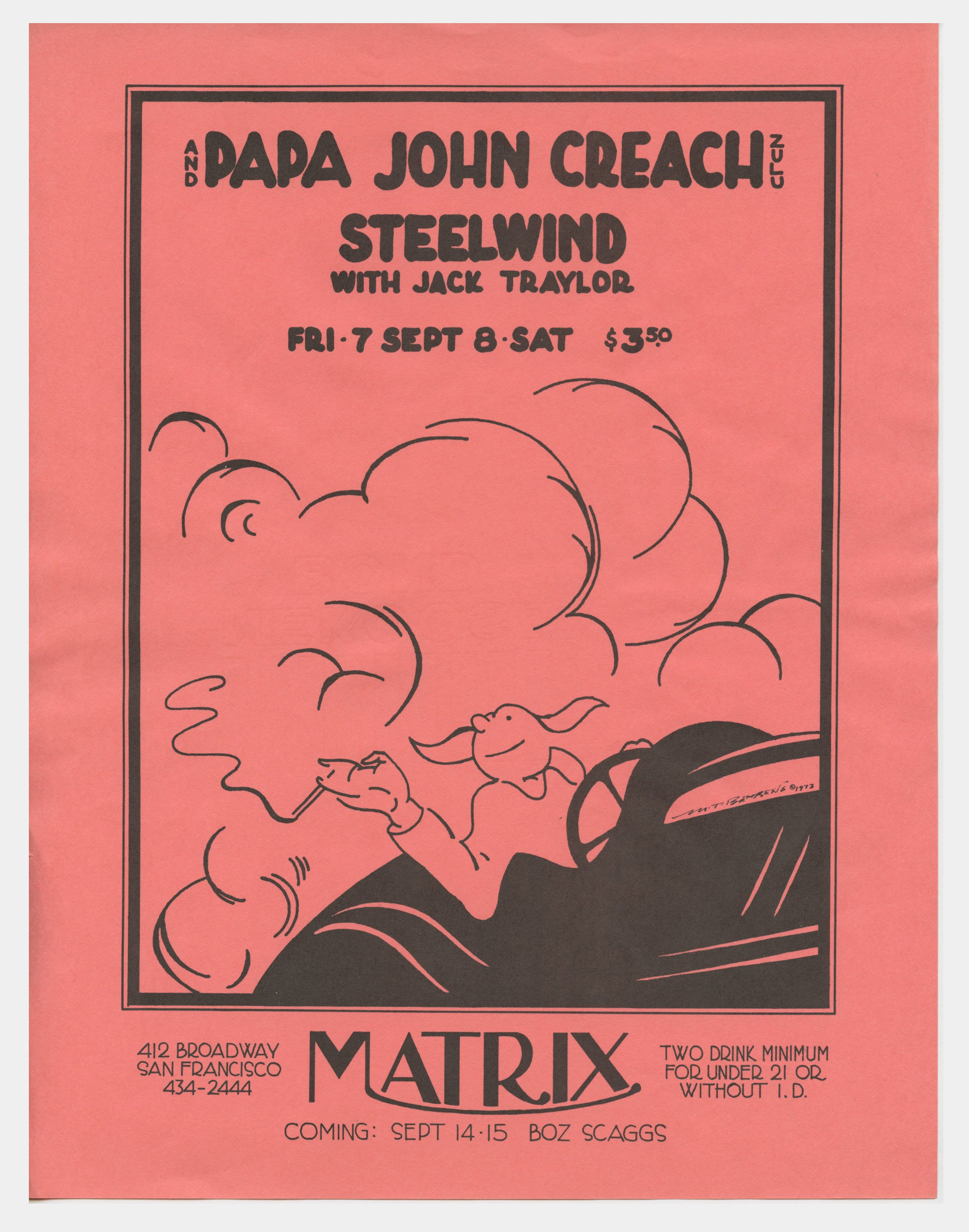 Matrix Handbill 1973 Papa John Creach Steelwind with Jack Taylor