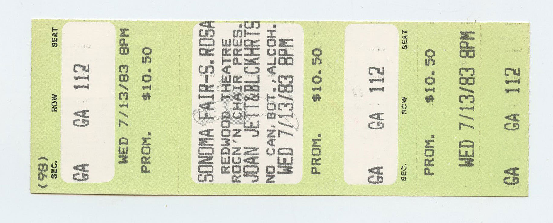 Joan Jett Ticket Vintage 1983 July 13 Sonoma Fairgrounds 