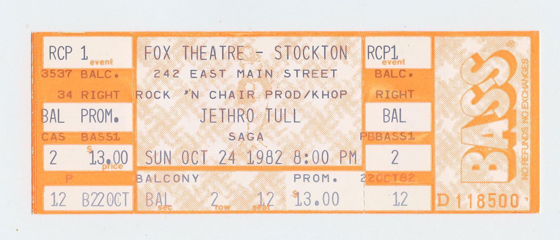 Jethro Tull Ticket Vintage 1982 Oct 24 Stockton CA 