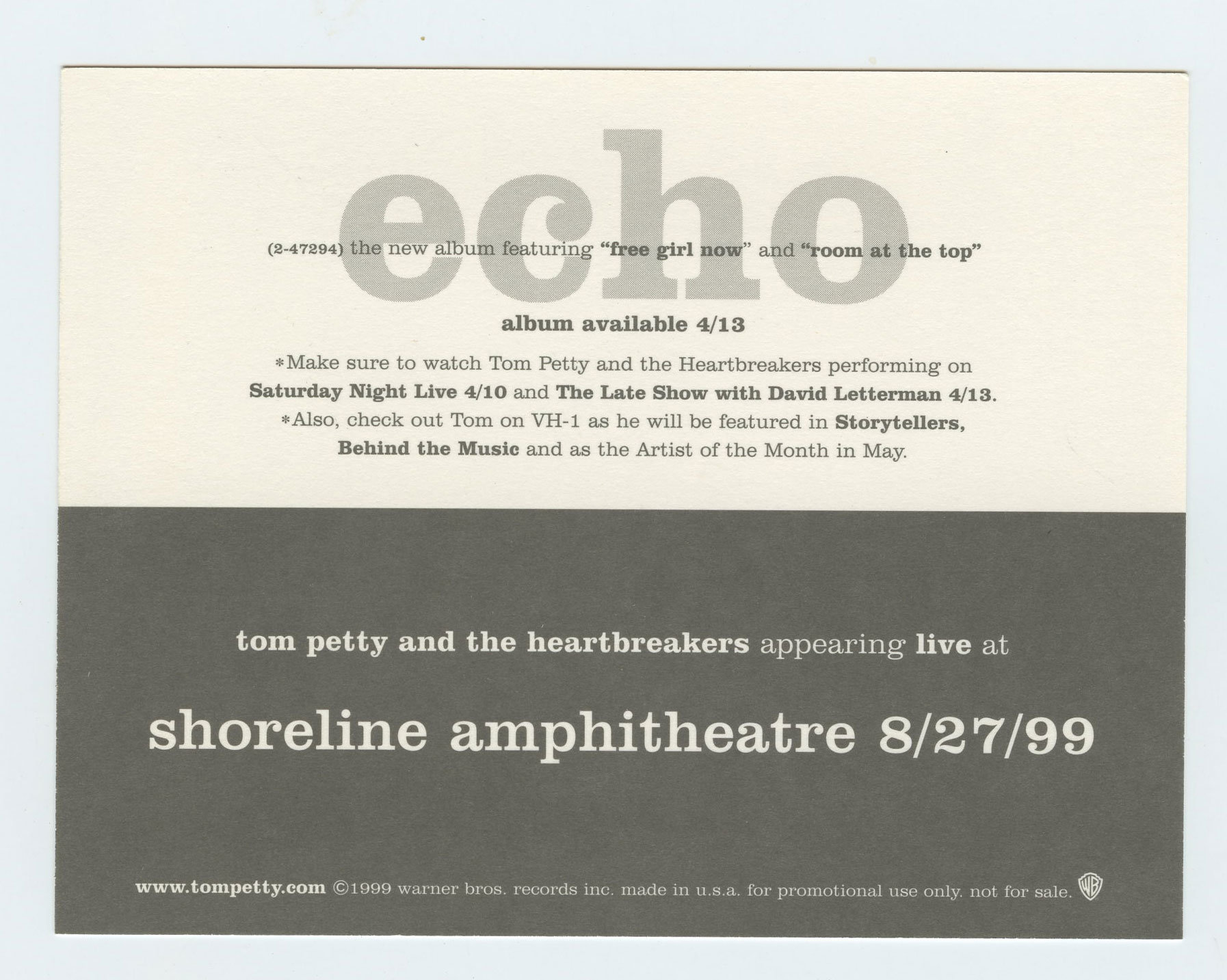 Tom Petty Handbill 1999 Aug 27 Shoreline Amphitheatre