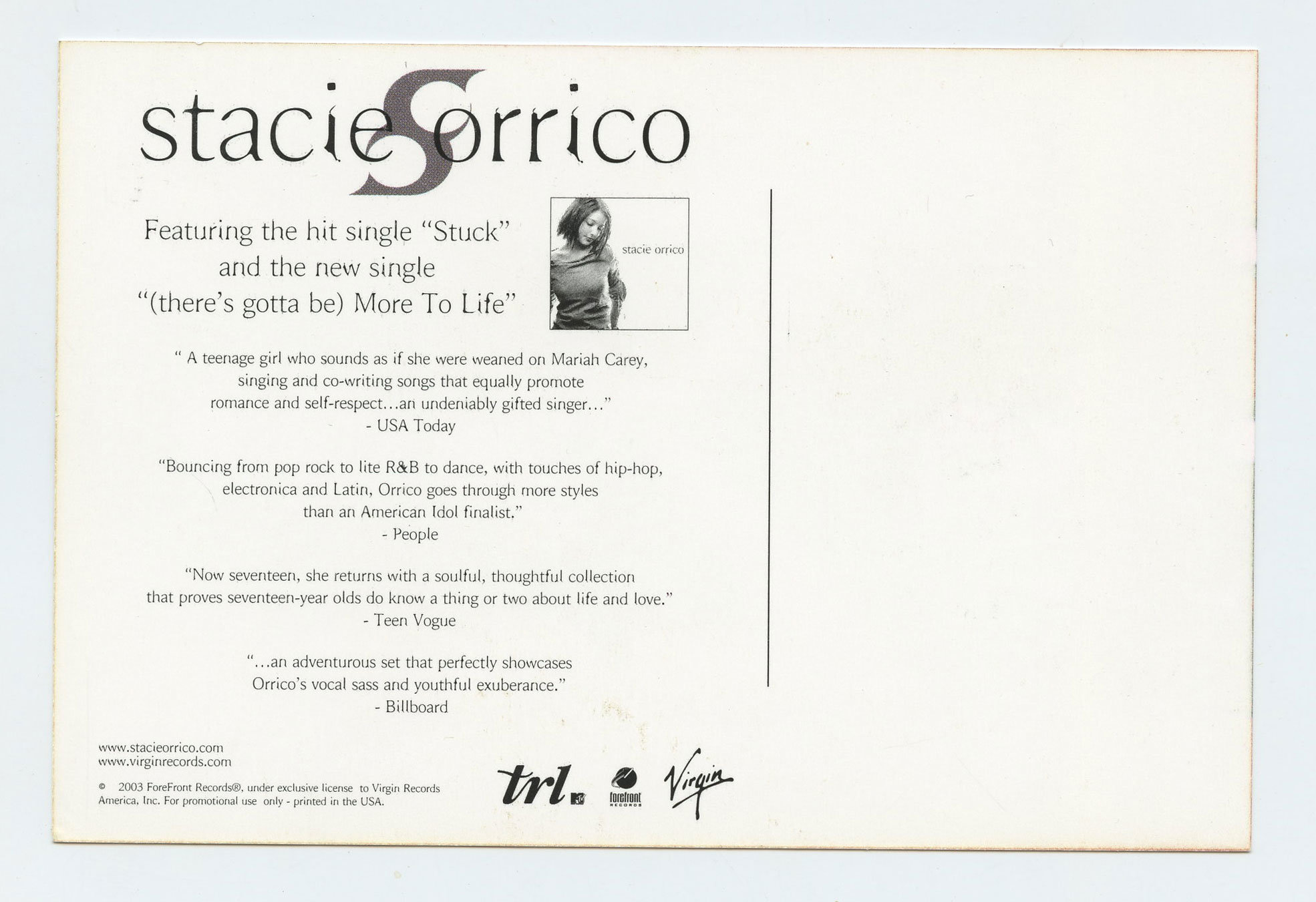 Stacie Orrico Postcard 2003 New Album Promo Forefront Virgin Records