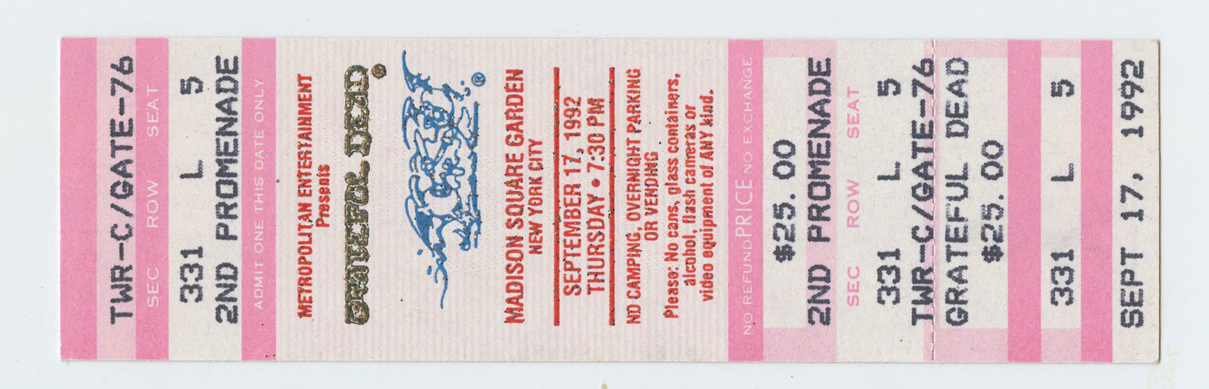 Grateful Dead Vintage Ticket 1992 Sep 17 Madison Square Garden NY