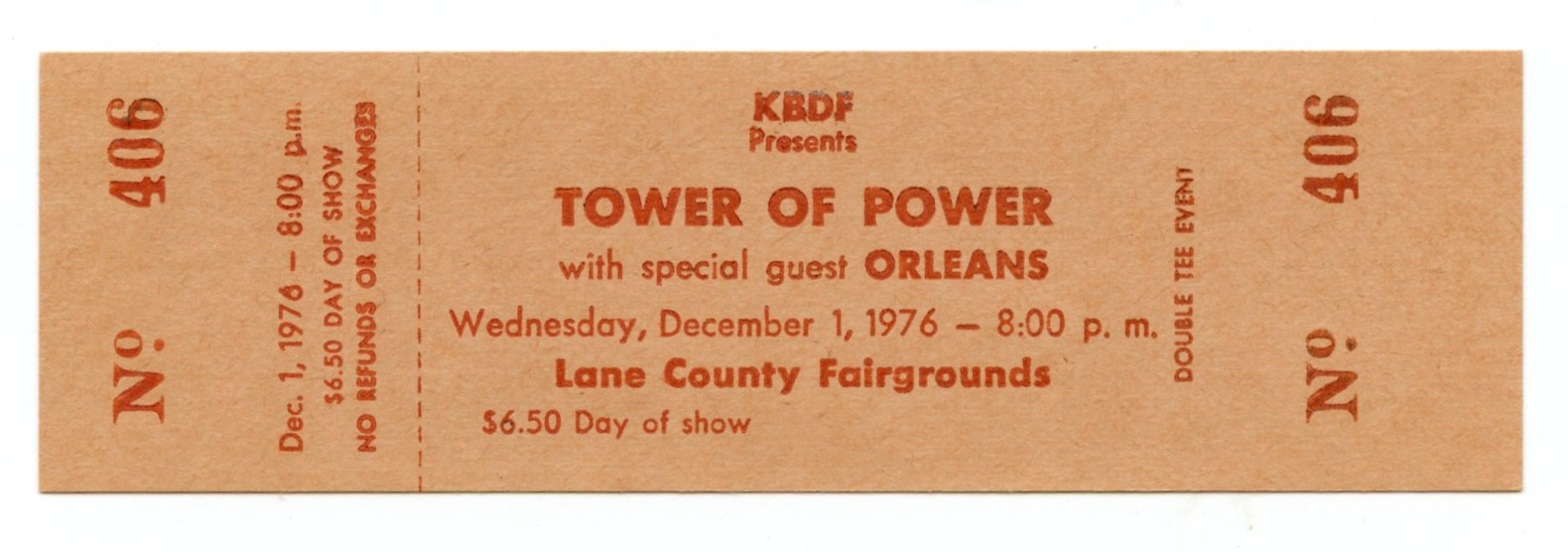 Tower of Power Ticket Vintage 1976 Dec 1 Eugne OR  