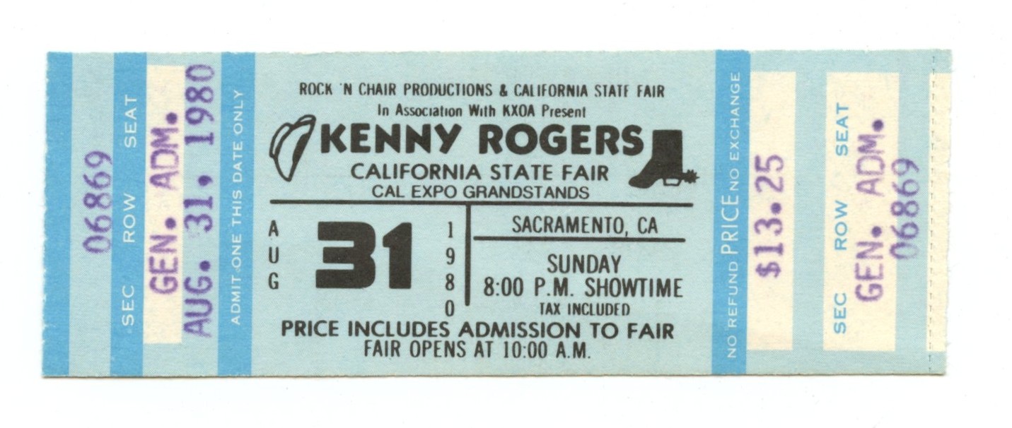 Kenny Rogers Ticket Vintage 1980 Aug 31 California State Fair  