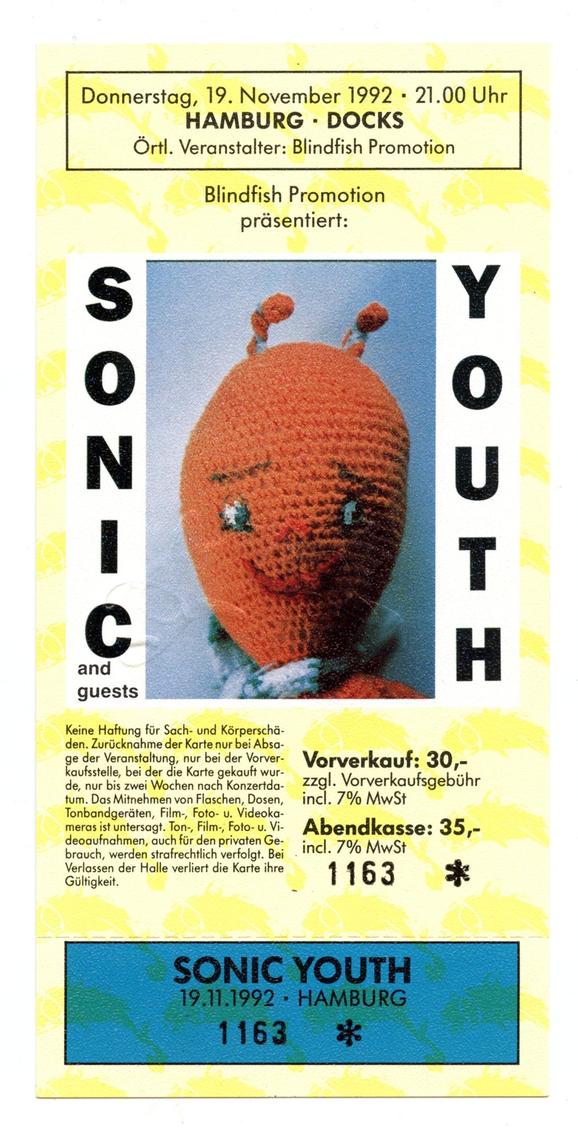 Sonic Youth Vintage Ticket 1992 Nov 19 Hamburg Germany