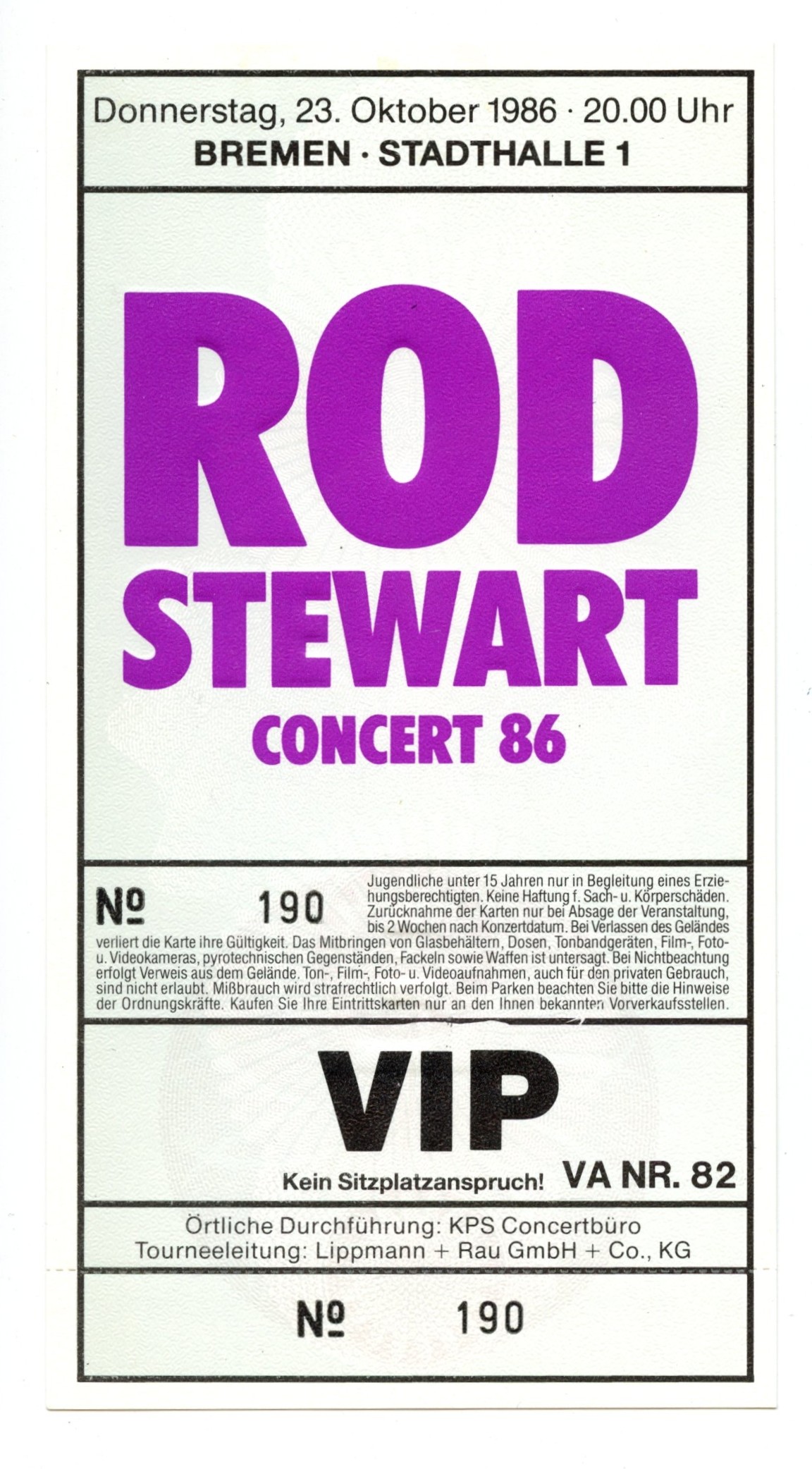 Rod Stewart Ticket Vintage 1986 Oct 23 Bremen Germany 