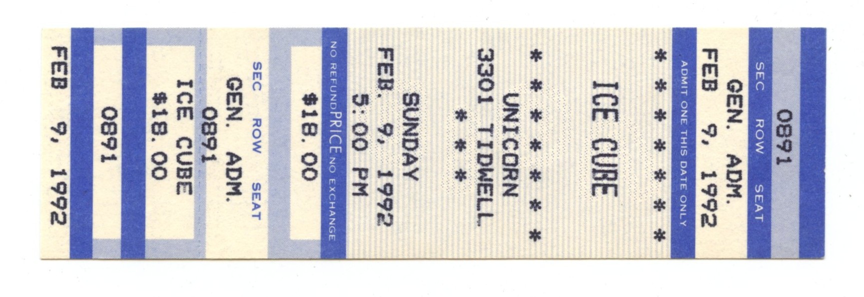 ICE Cube Ticket Vintage 1992 Feb 9 Unicorn Houston 