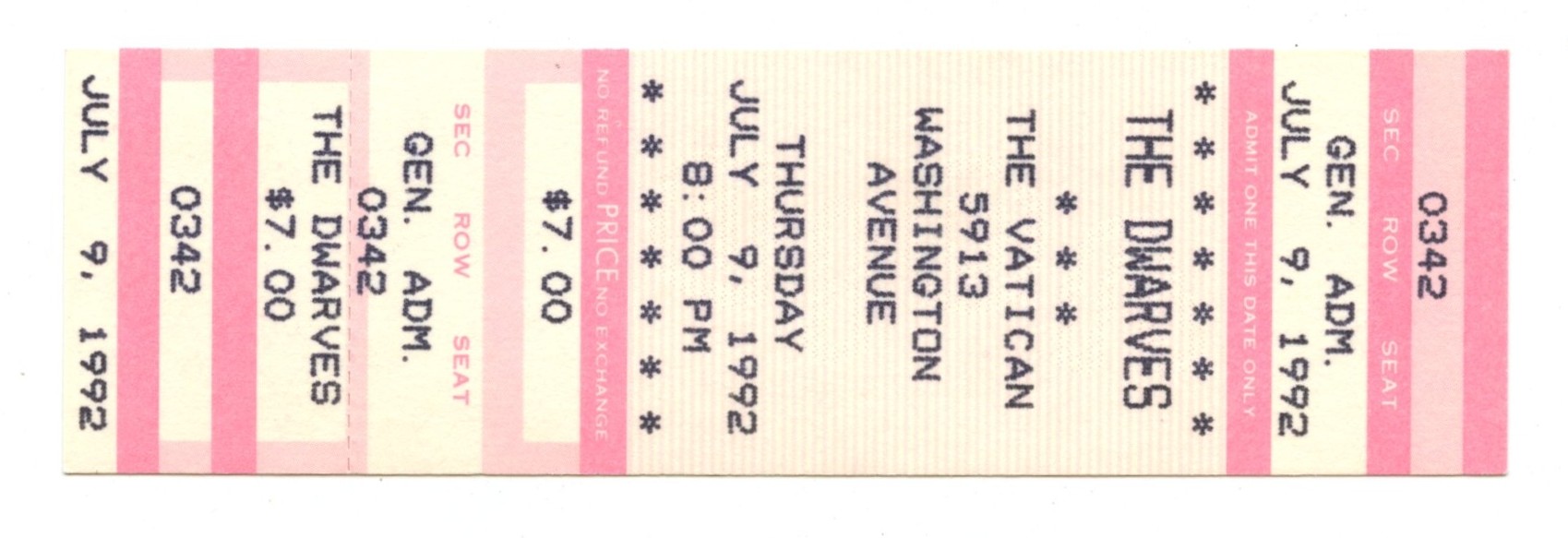 The Dwarves Ticket Vintage 1992 Jul 9 The Vatican Houston  