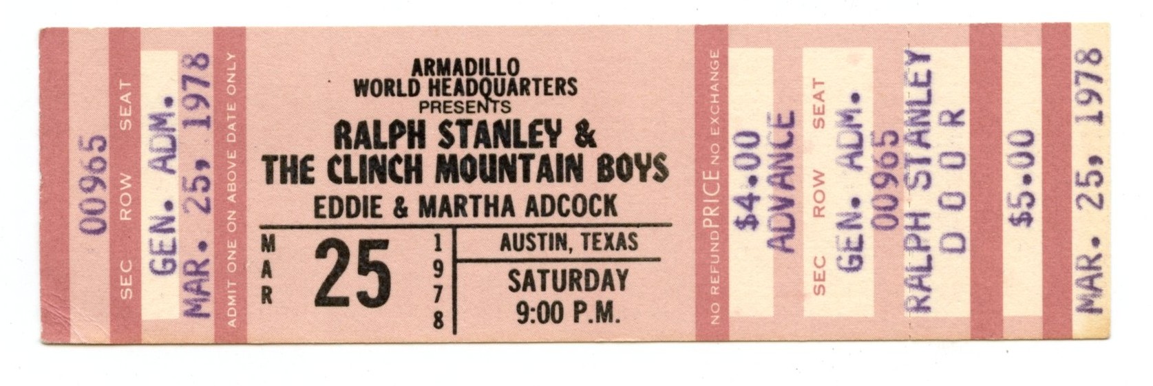 Ralph Stanley and The Clinch Mountain Boys Ticket Vintage  1978 Mar 25 Austin TX 