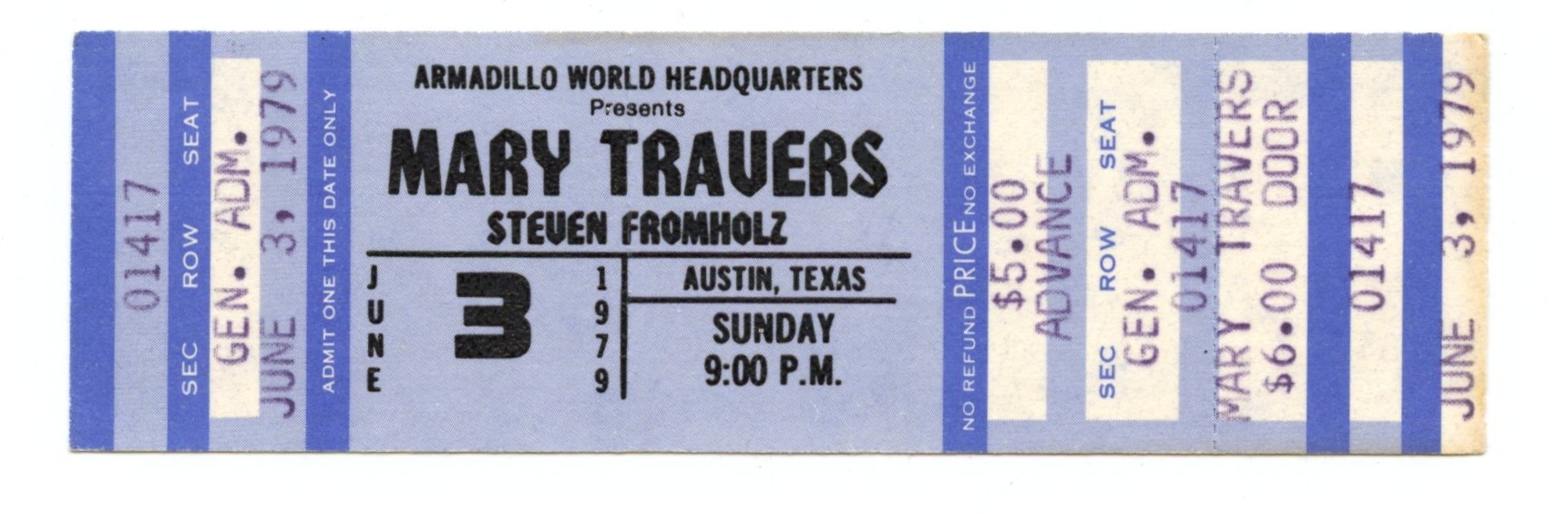 Mary Travers Ticket Vintage 1979 Jun 3 Austin TX 