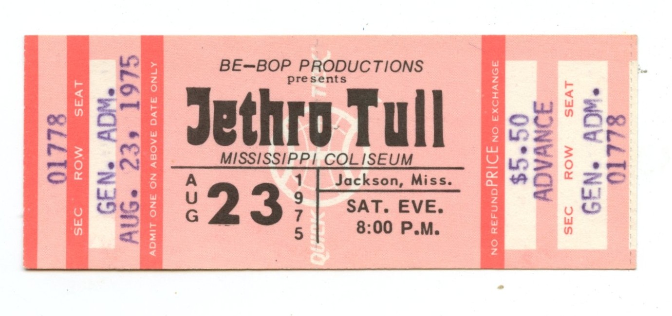 Jethro Tull Ticket Vintage 1975 aug 23 Jackson MS 