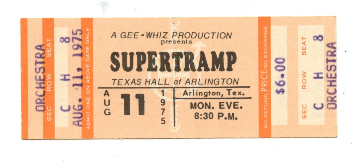 Supertramp Ticket Vintage 1975 Aug 11 Arlington TX 