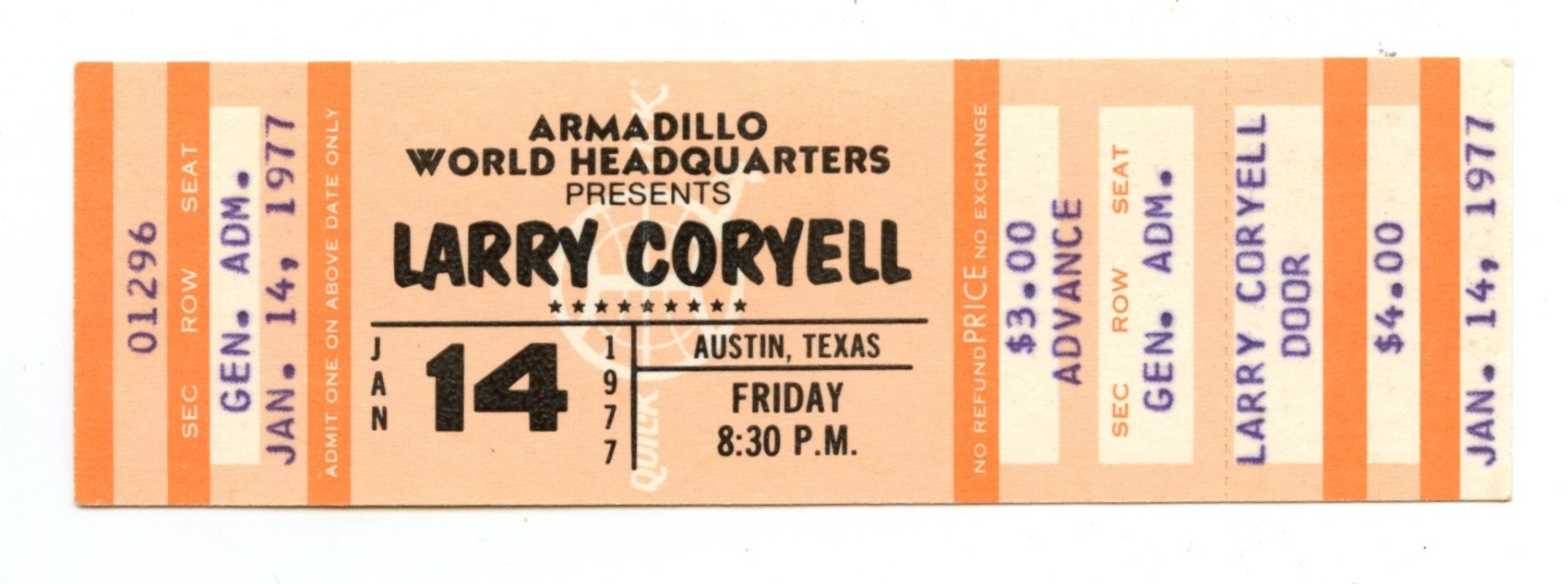 Larry Coryell Ticket Vintage 1977 Jan 14 Austin TX 