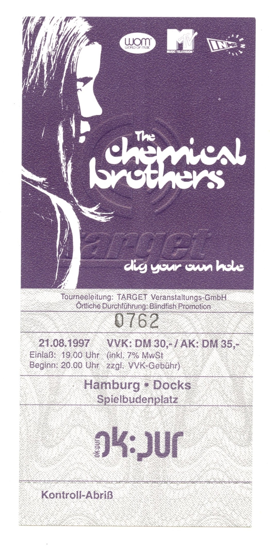 The Chemical Brothers Ticket Vintage 1997 Aug 21 Hamburg Germany 