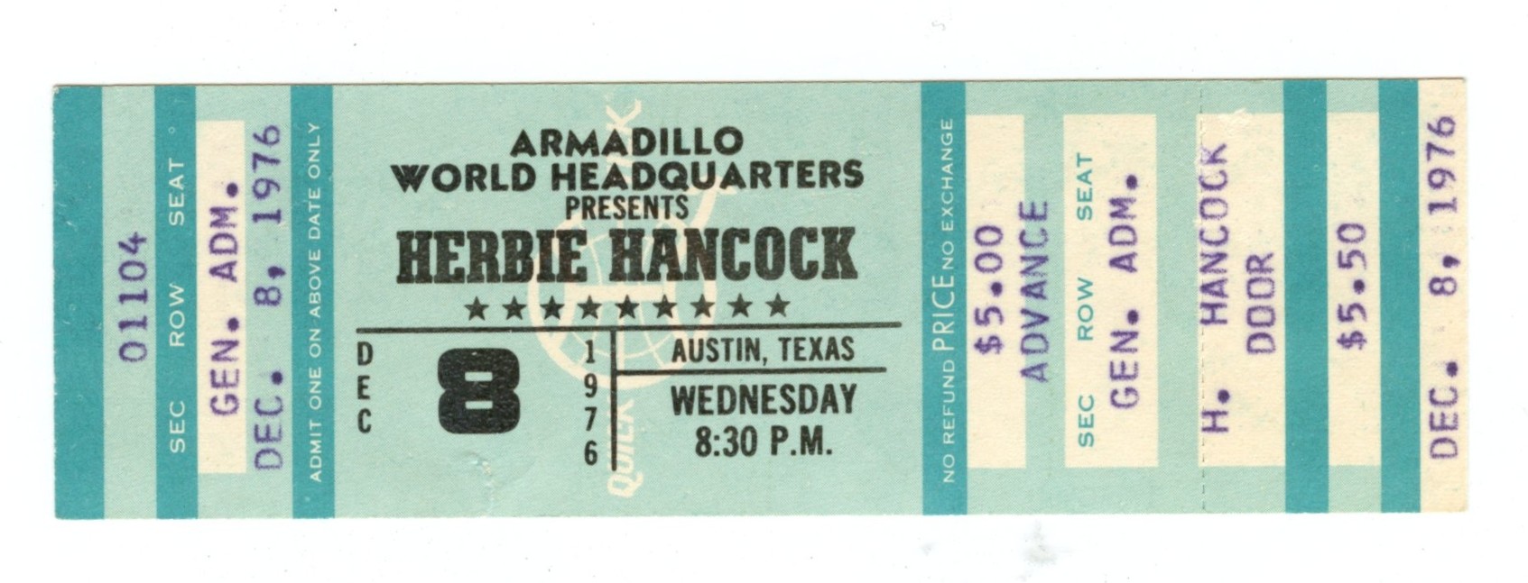 Herbie Hancock Ticket Vintage 1976 Dec 8 Armadillo World Headquaters Austin TX 