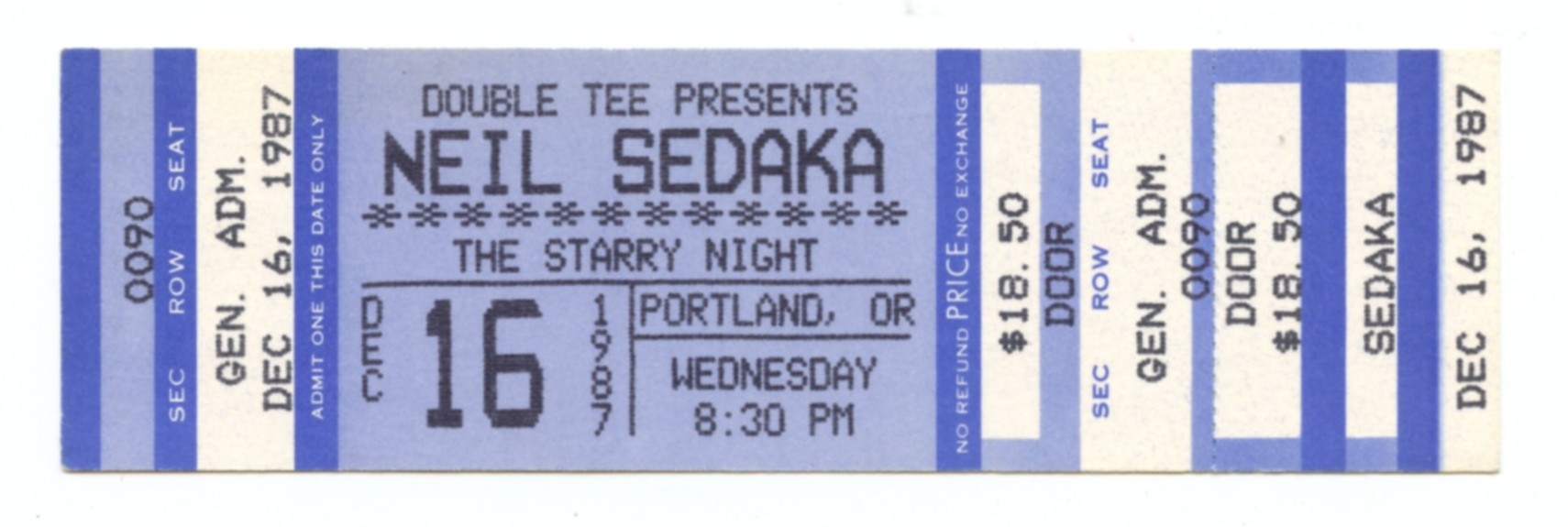 Neil Sedaka Ticket Vintage 1987 Dec 16 The Starry Night Portland