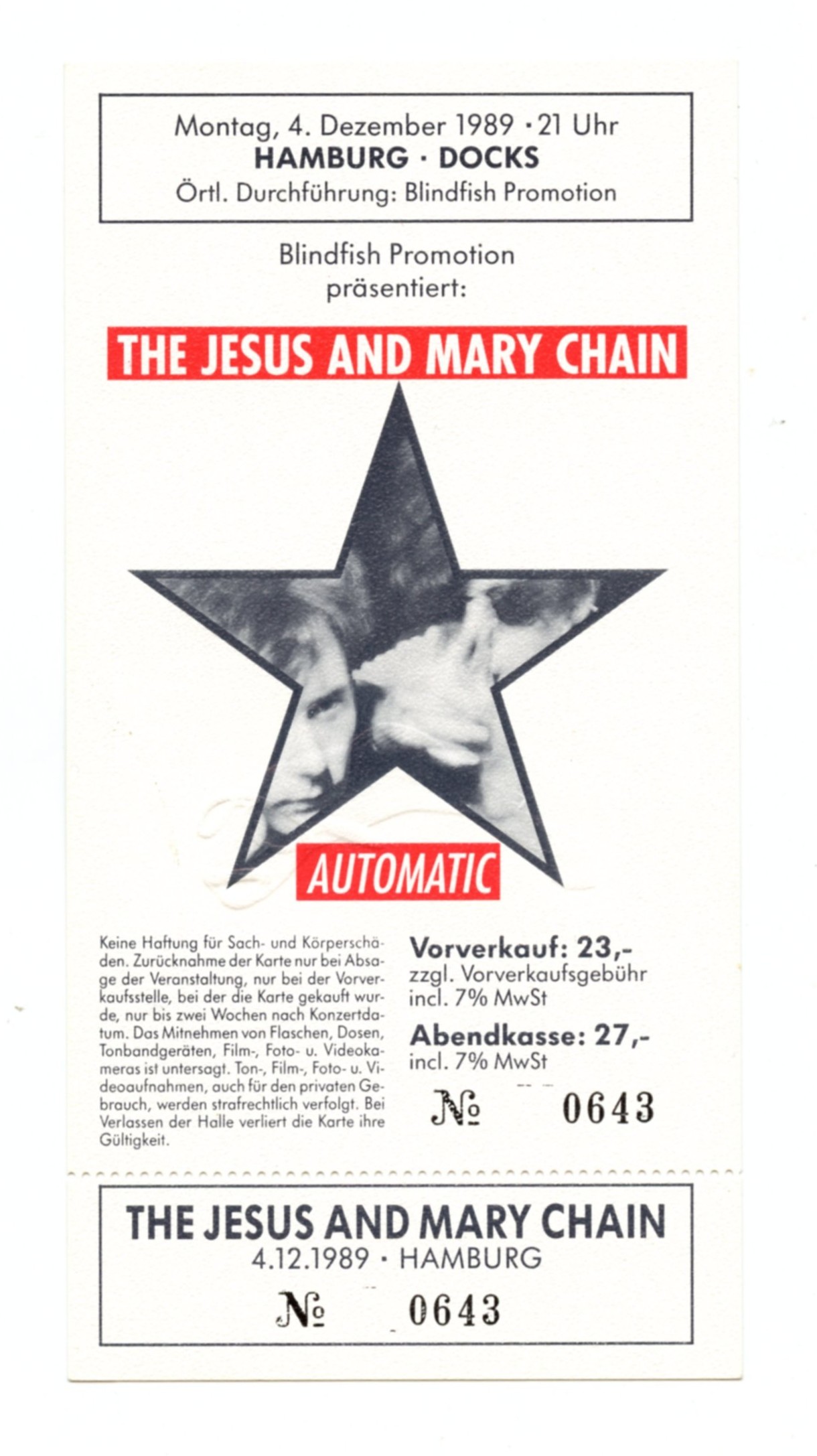 Jesus and Mary Chain Ticket Vintage 1989 Dec 4 Hamburg Germany 