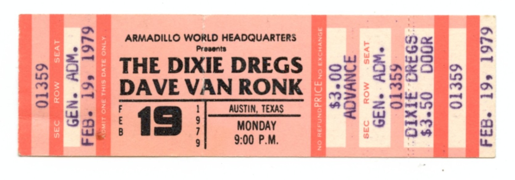 The Dixie Dregs Ticket Vintage w/ Dave Van Ronk 1979 Feb 19 Austin TX  