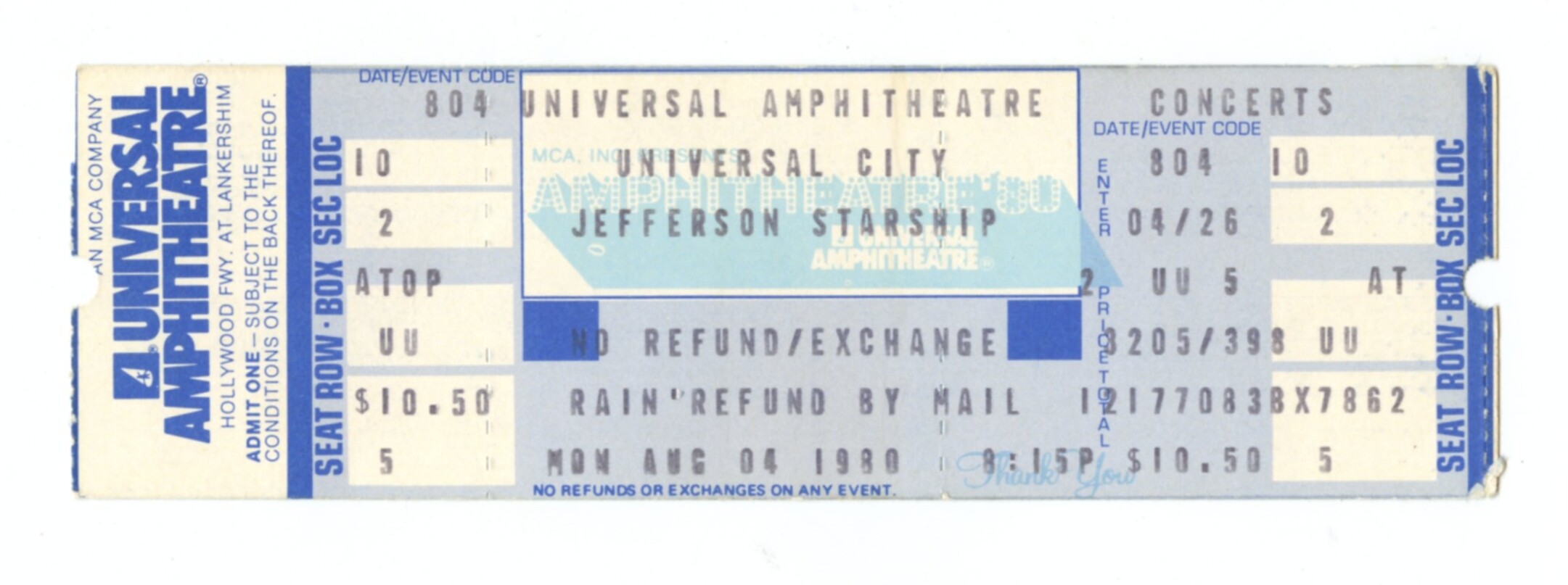 Jefferson Starship Ticket Vintage 1980 Aug 4 Universal Amphitheatre 