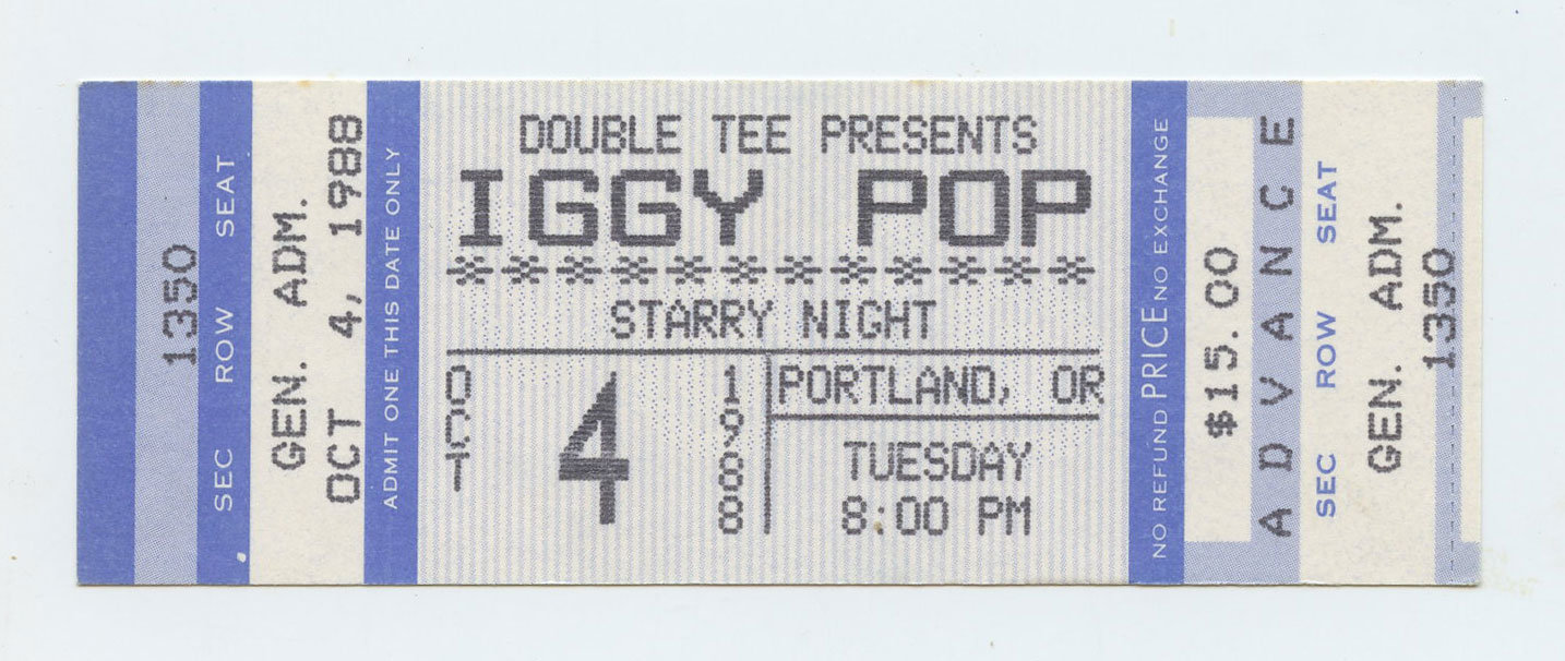 Iggy Pop Ticket Vintage 1988 Oct 4 Starry Night Portland  