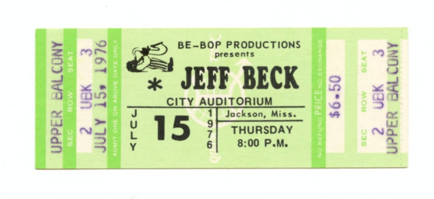 Jeff Beck Ticket Vintage 1976 Jul 15 Jackson MS 