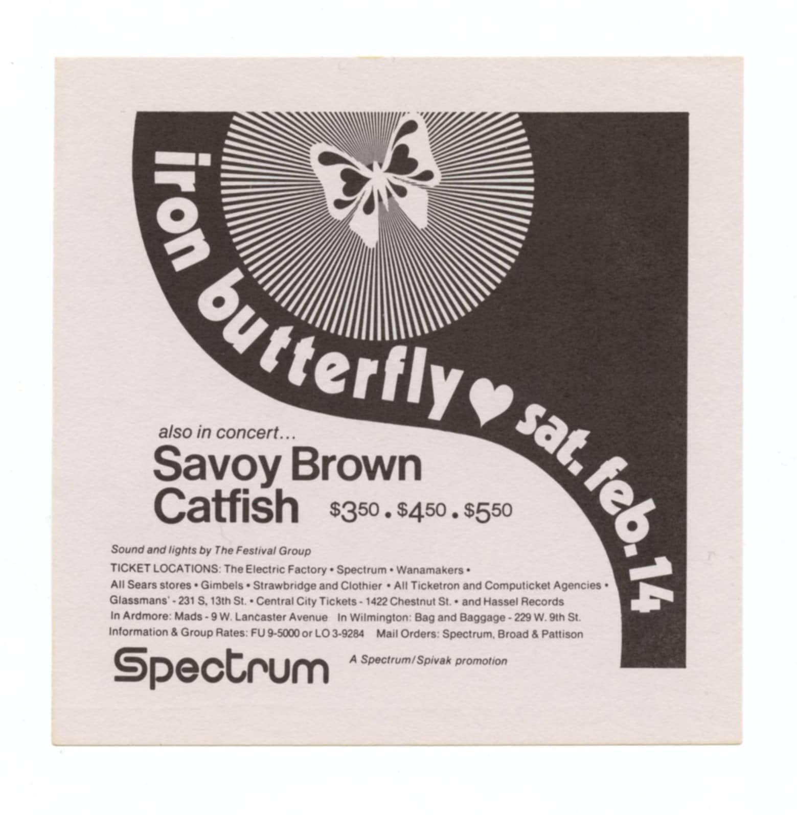 Iron Butterfly Handbill w/ Savoy Brown 1970 Feb 14 Spectrum Philadelphia