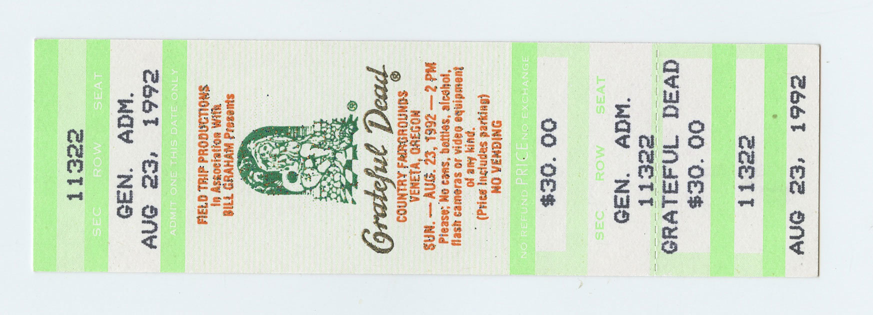 Grateful Dead Ticket Vintage 1992 Aug 23 County Fairgrounds Veneta Oregon 