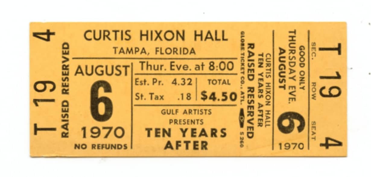 Ten Years After Ticket Vintage 1970 Aug 6 Curtis Hixon Hall Tampa FL 