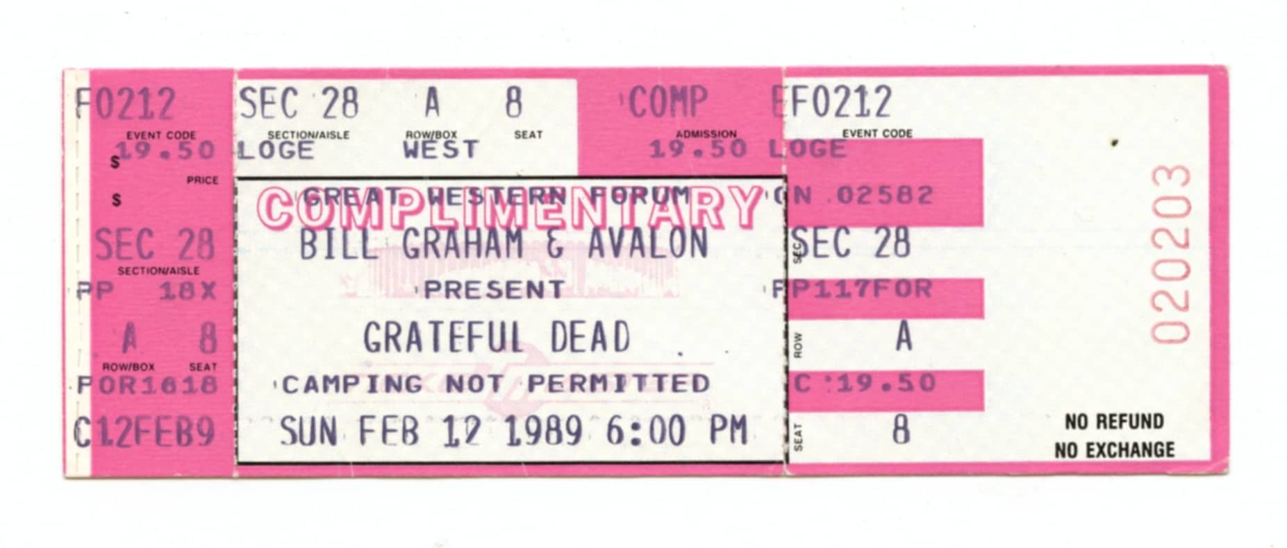 Grateful Dead Vintage Ticket 1989 Feb 12 Great Western Forum