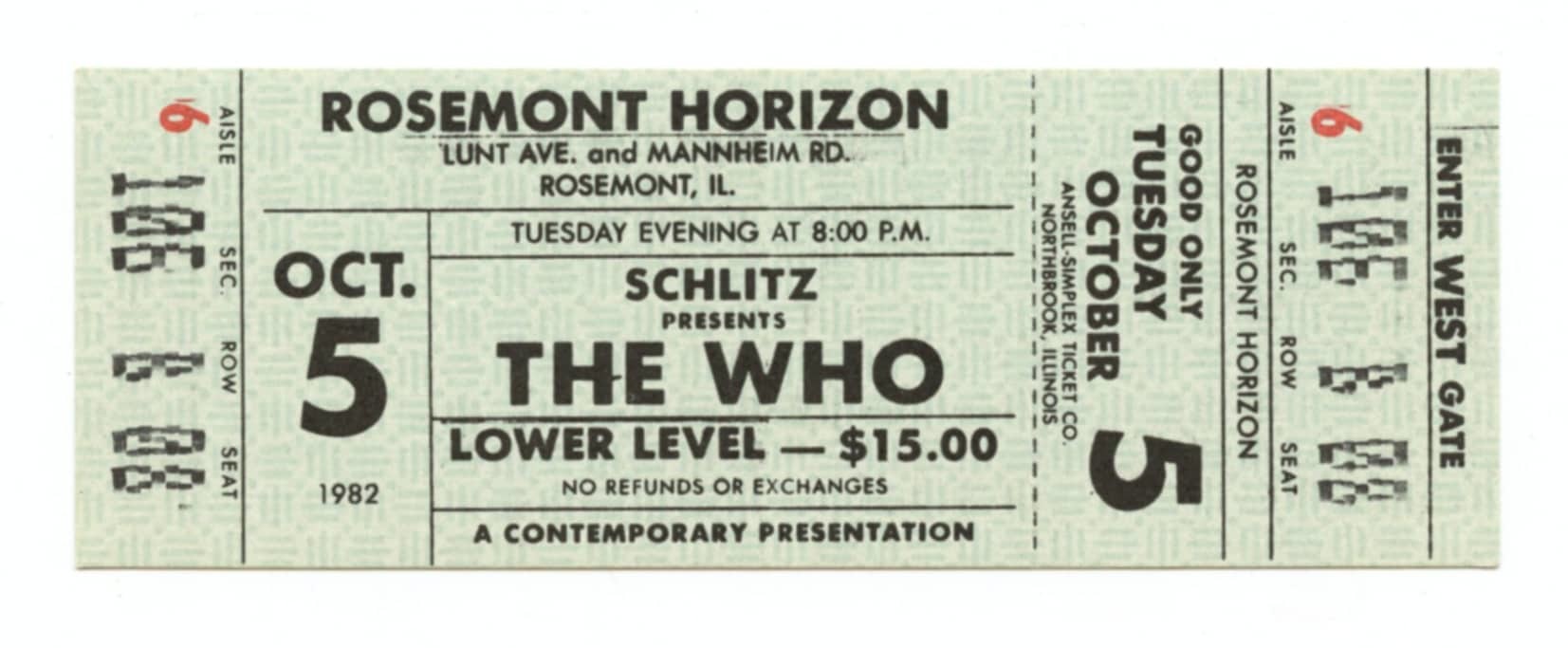 The WHO Ticket Vintage North America Tour 1982 Oct 5 Rosemont Horizon 