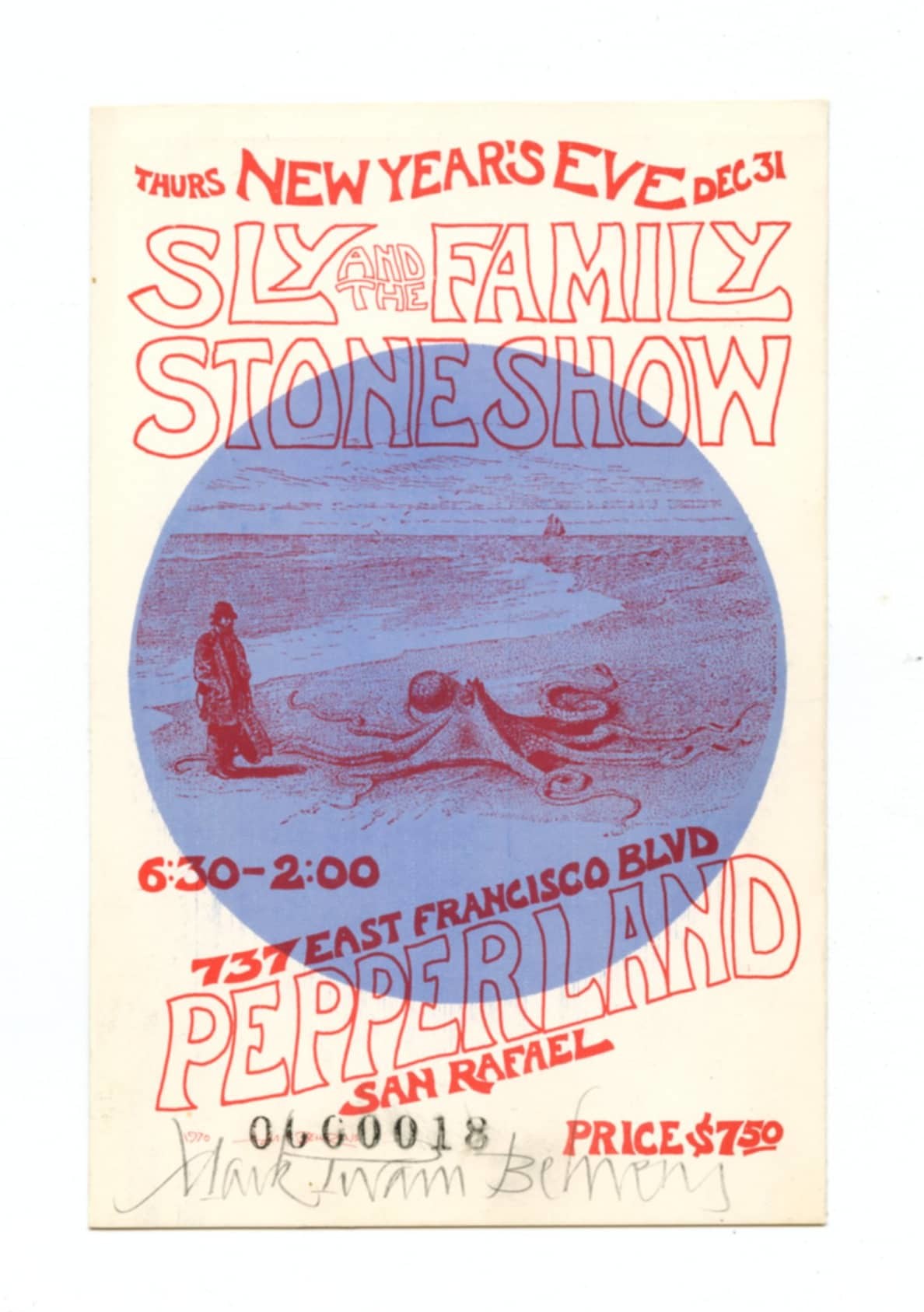 Pepperland Ticket Vintage 1975 Dec 31 Sly & The Family Stone Mark T Behrens signed