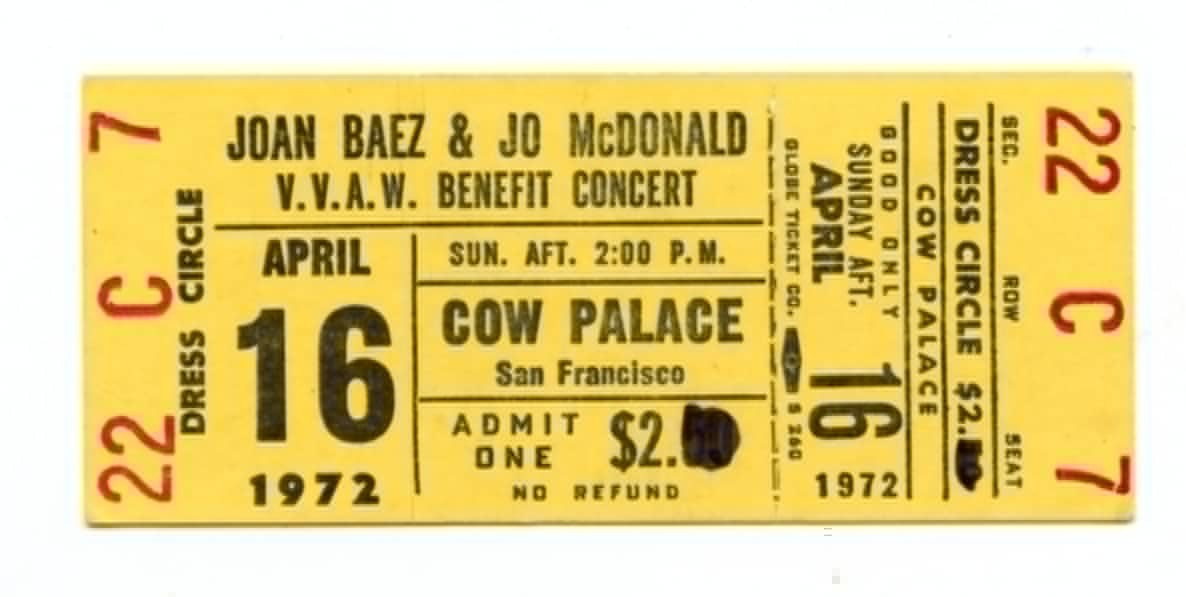 Joan Baez Ticket Vintage w/ Jo McDonald 1972 Apr 16 Cow Palace