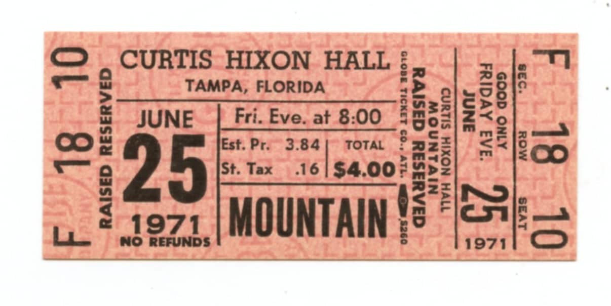 Mountain Ticket Vintage 1971 Jun 25 Curtis Hixon Hall Tampa FL 