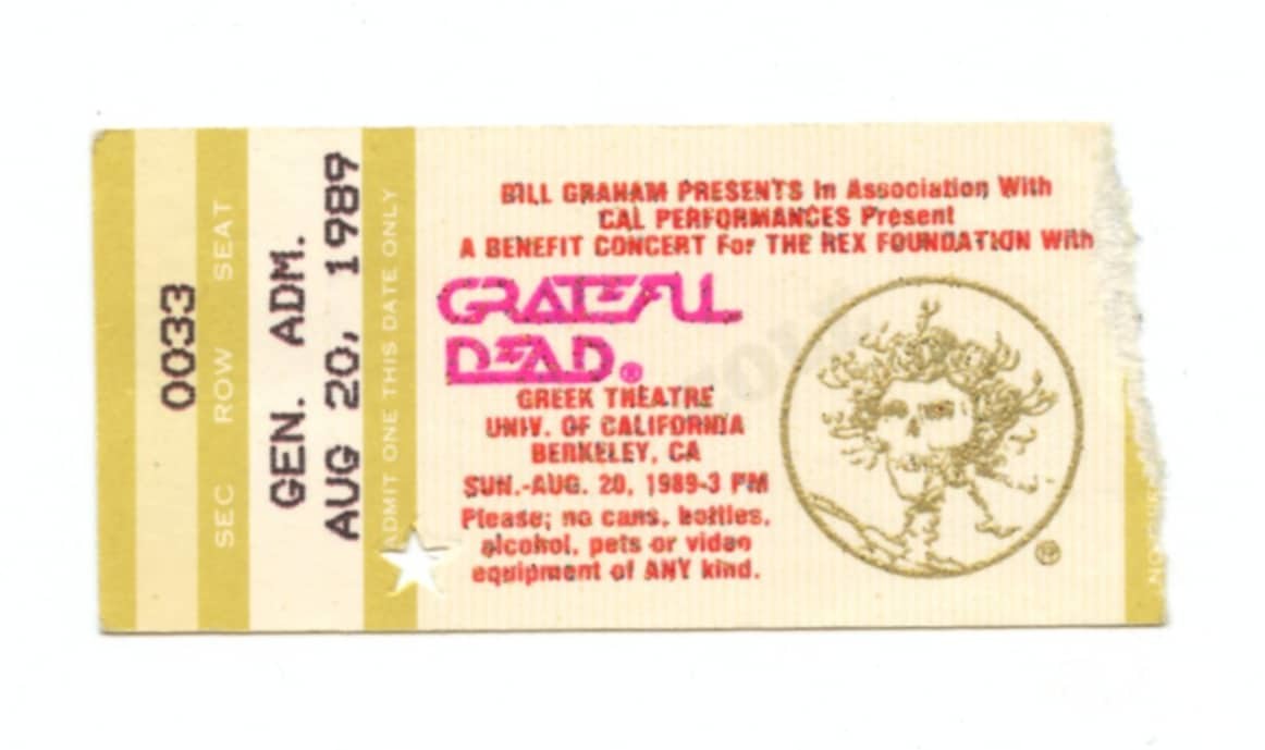 Grateful Dead Ticket Stub 1989 Aug 20 Greek Theatre Berkeley