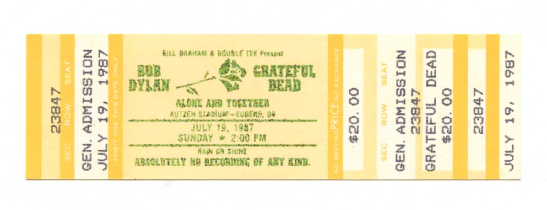 Grateful Dead Ticket Vintage w/ Bob Dylan 1987 Jul 19 Autzen Stadium Eugene OR 