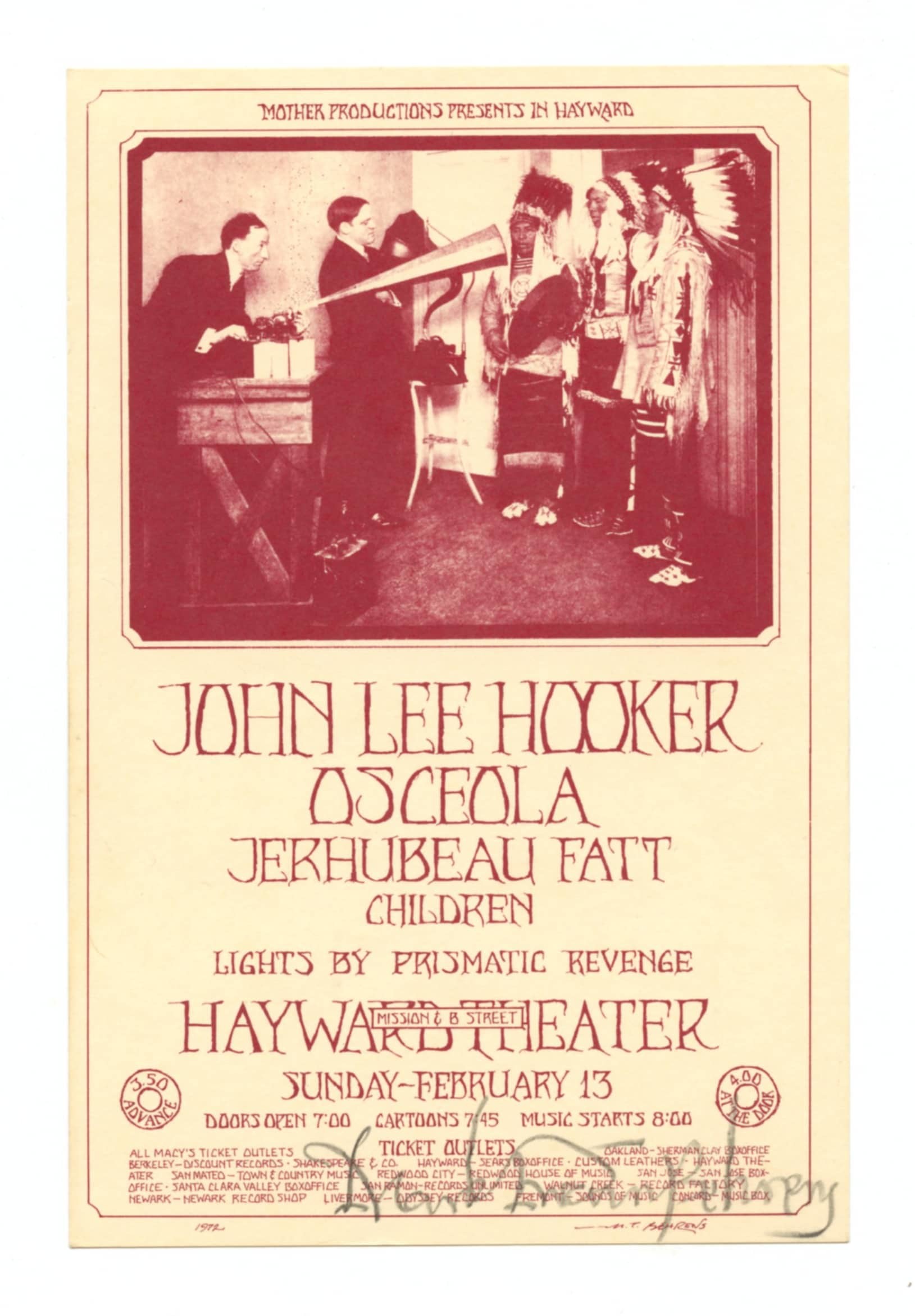 John Lee Hooker Handbill 1972 Feb 13 Hayward Theatre Mark T Behrens signed