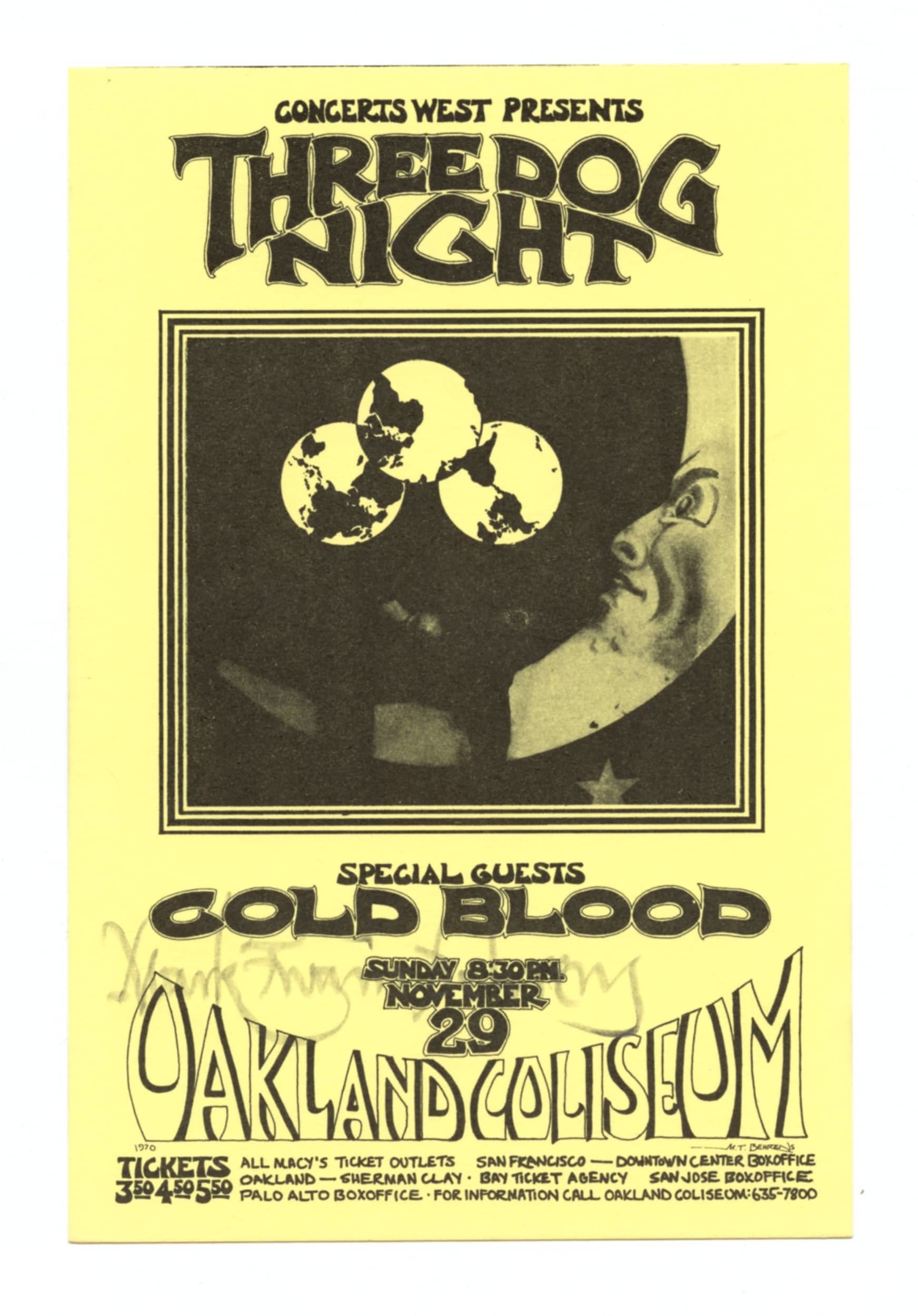 Three Dog Night Handbill w/ Cold Blood 1970 Nov 29 Oakland Coliseum Mark T Behrens signed