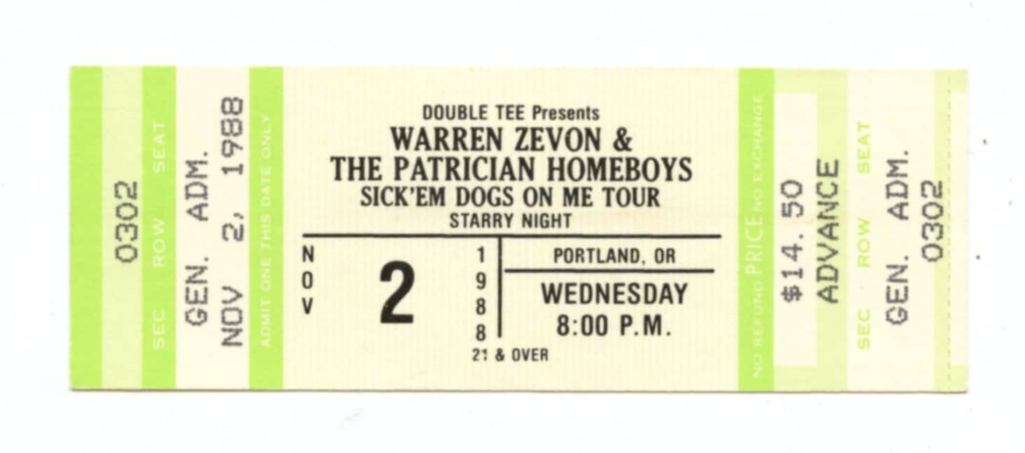 Warren Zevon & The Patrician Homeboys Ticket Vintage 1988 Nov 2 Starry Night Portland