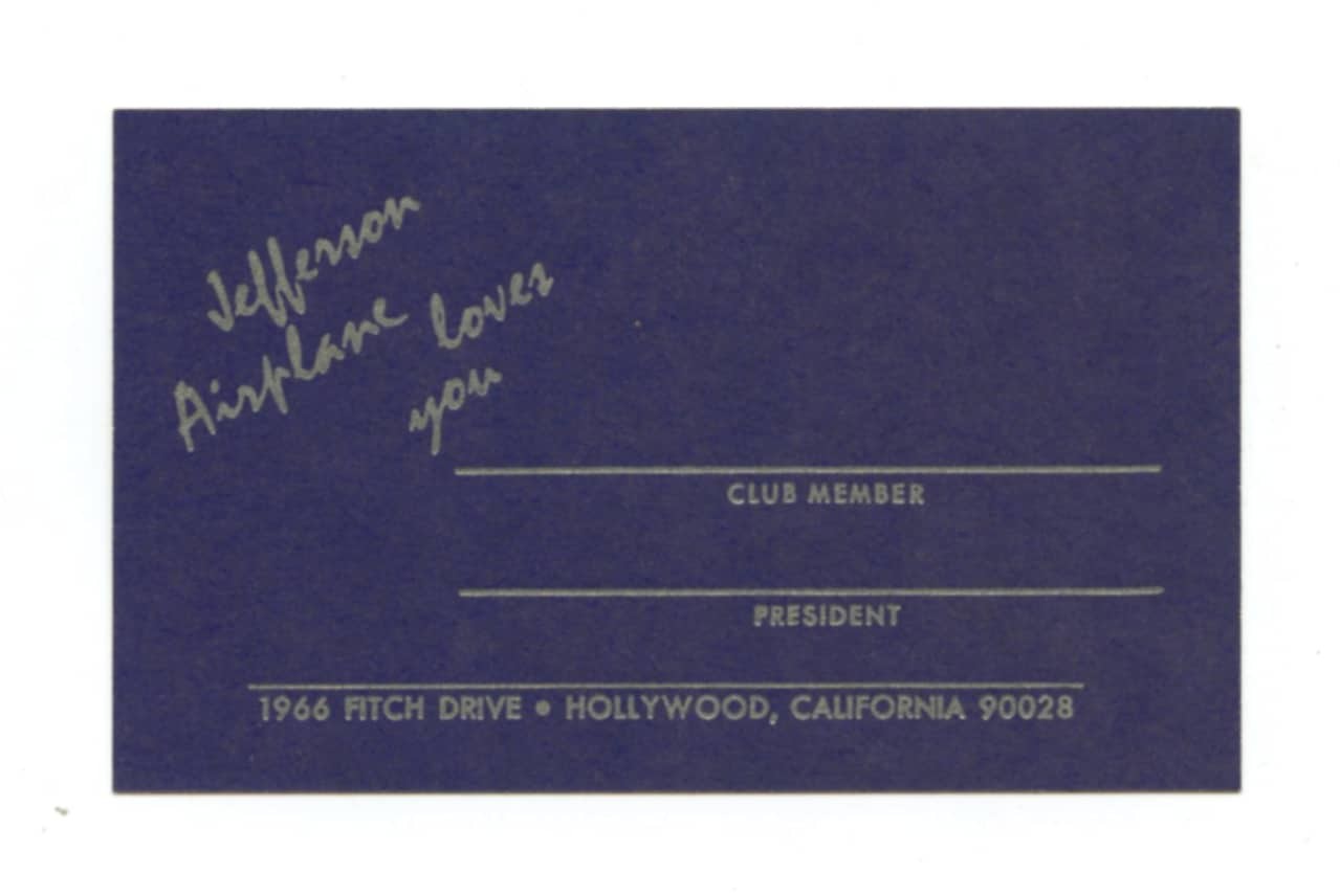 Jefferson Airplane Fan Club Card 1967 Vintage 