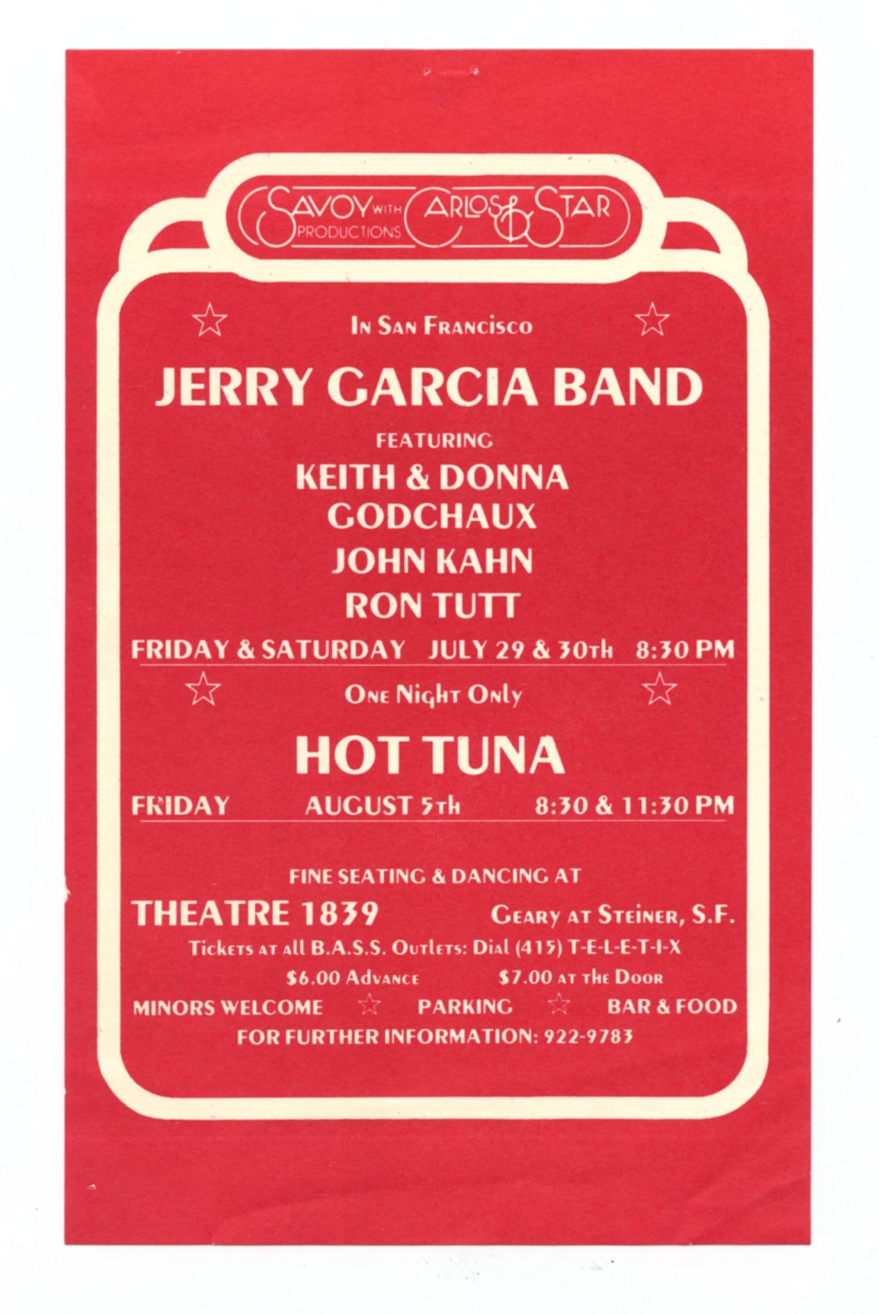 Jerry Garcia Band Handbill 1977 Jul 29 Theatre 1839 San Francisco