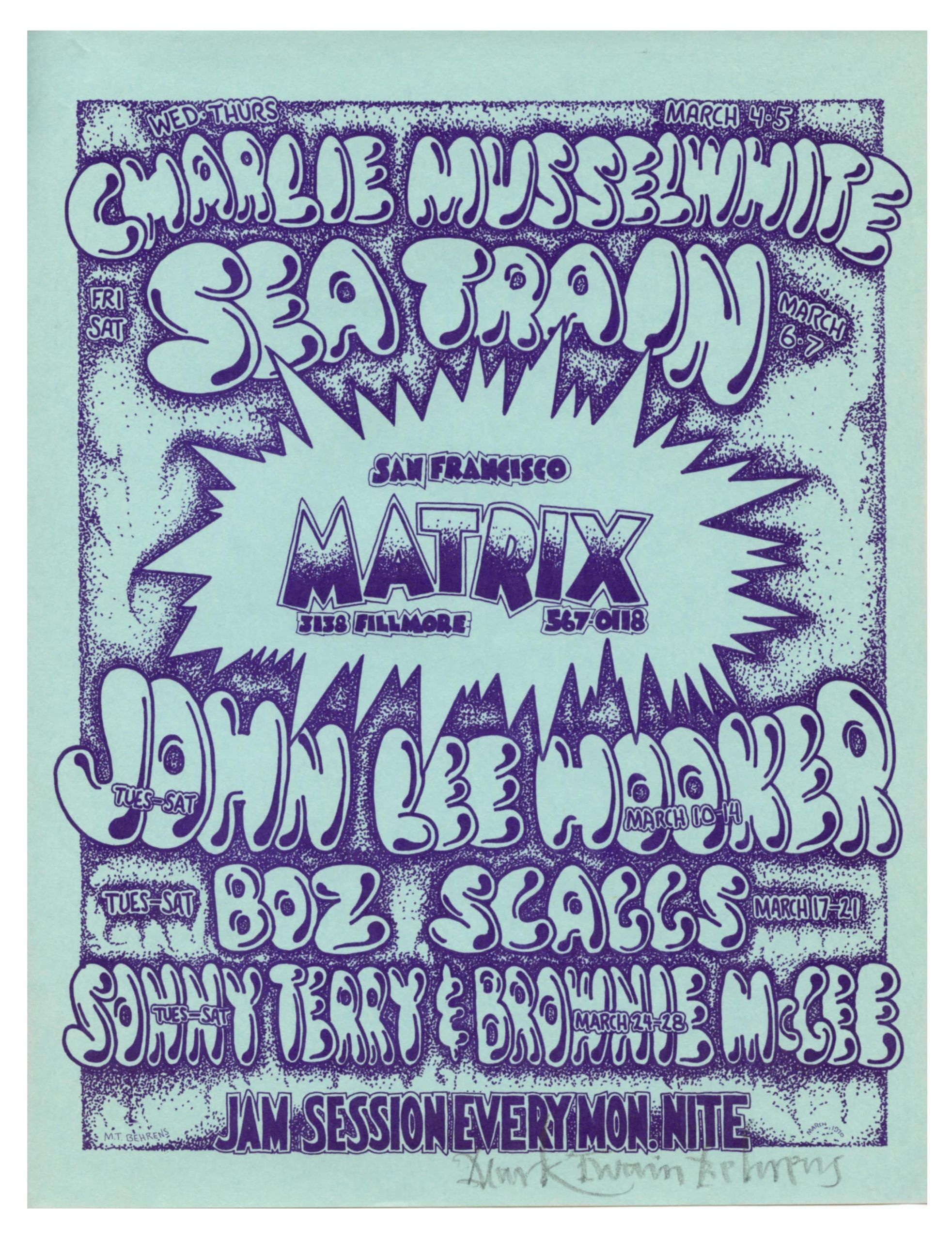 Matrix Handbill 1970 Boz Scaggs John Lee Hooker Charlie Musselwhite Mark T. Behrens signed