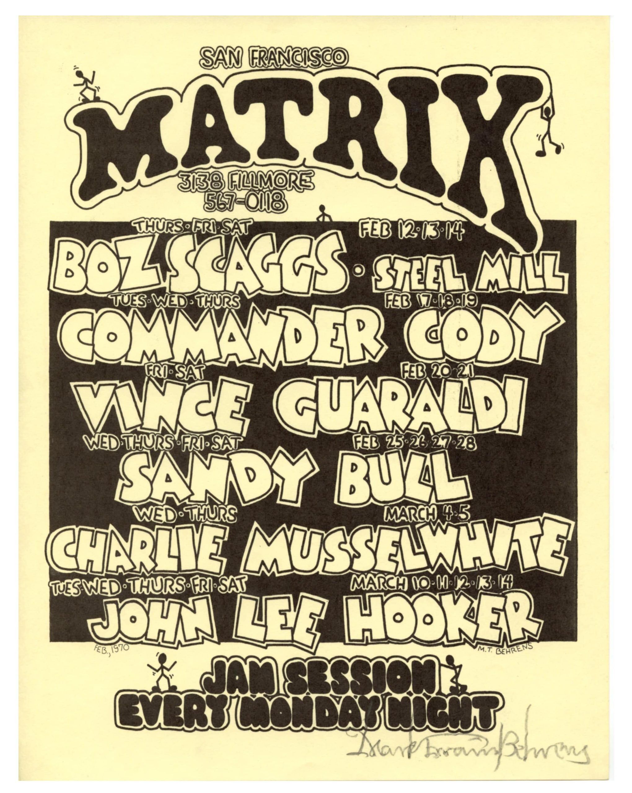 Matrix Handbill 1970 Boz Scaggs Commander Cody John Lee Hooker Mark T. Behrens signed