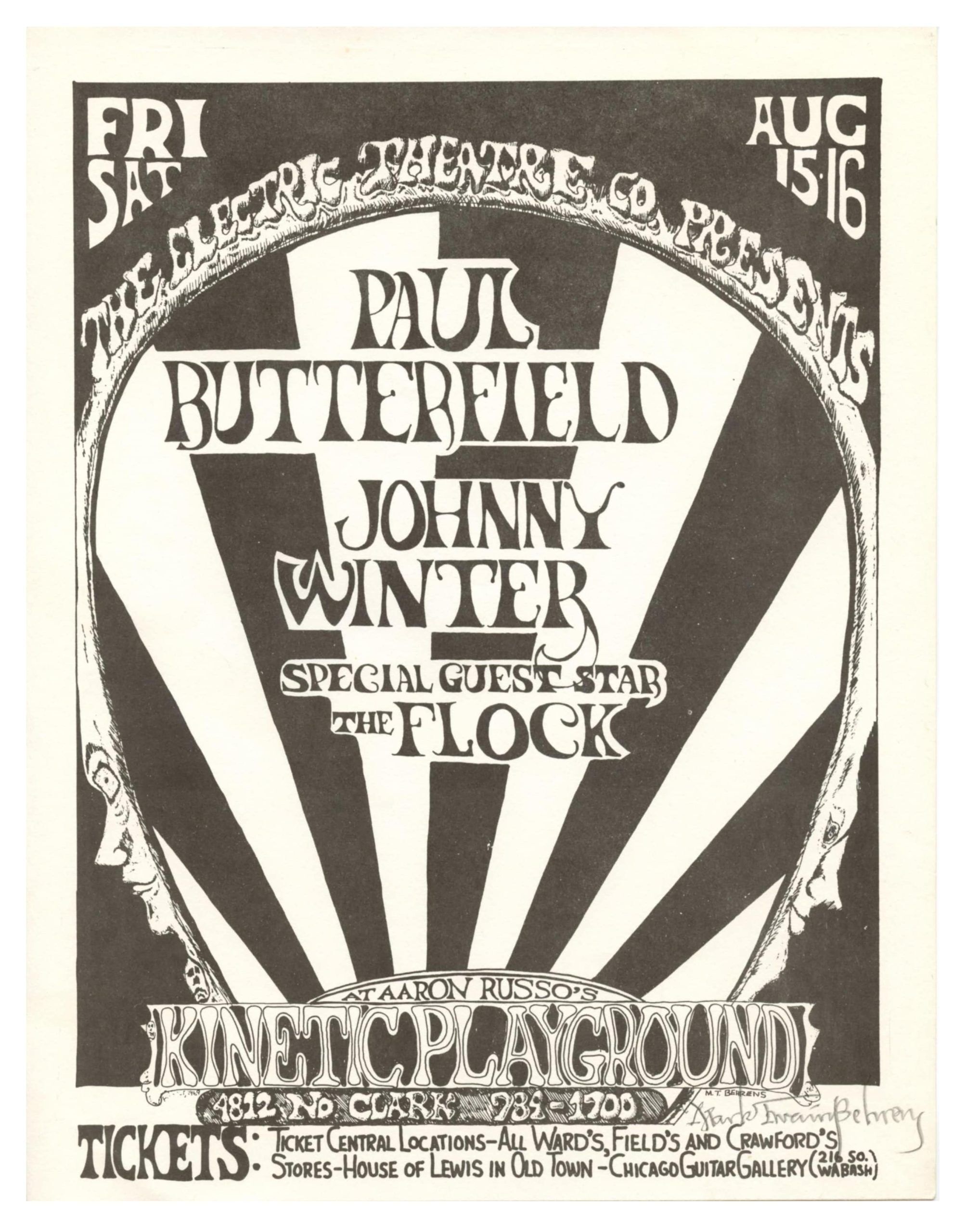 Paul Butterfield Handbill w/ Johnny Winter 1969 Kinetic Playground Mark T. Behrens signed