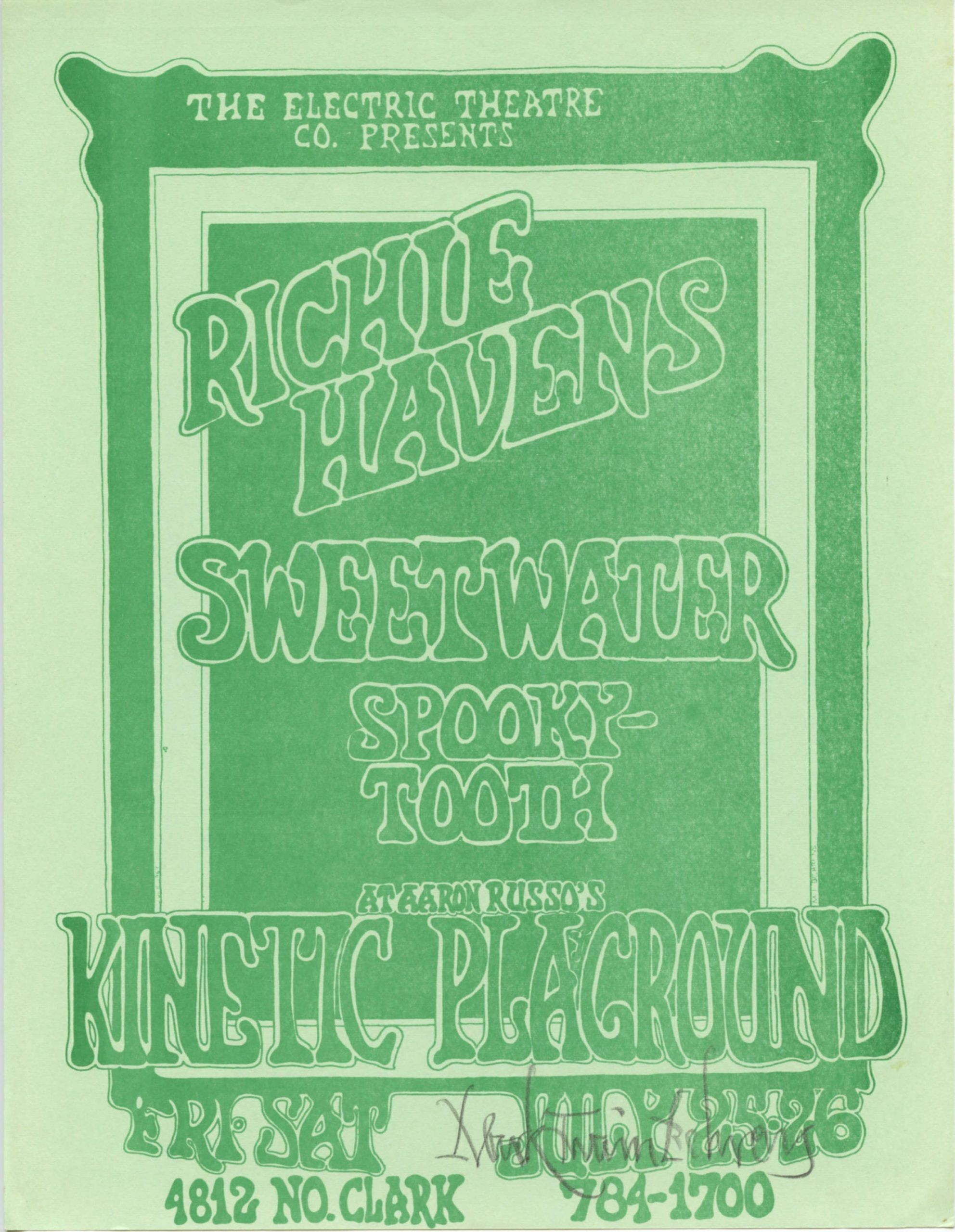 Richie Havens Handbill w/ Sweetwater 1969 July Kinetic Playground Mark T. Behrens signed