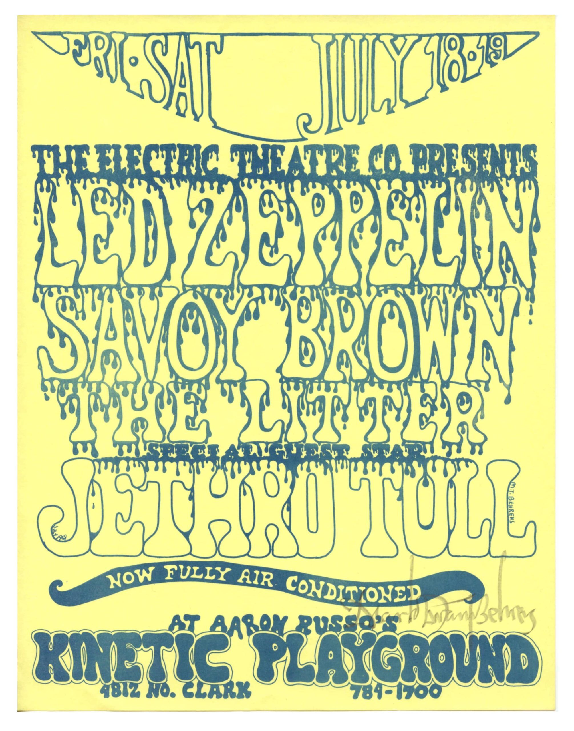 Led Zeppelin Handbill w/ Jethro Tull Handbill 1969 July 18 Kinetic Playground Chicago Mark T. Behrens signed