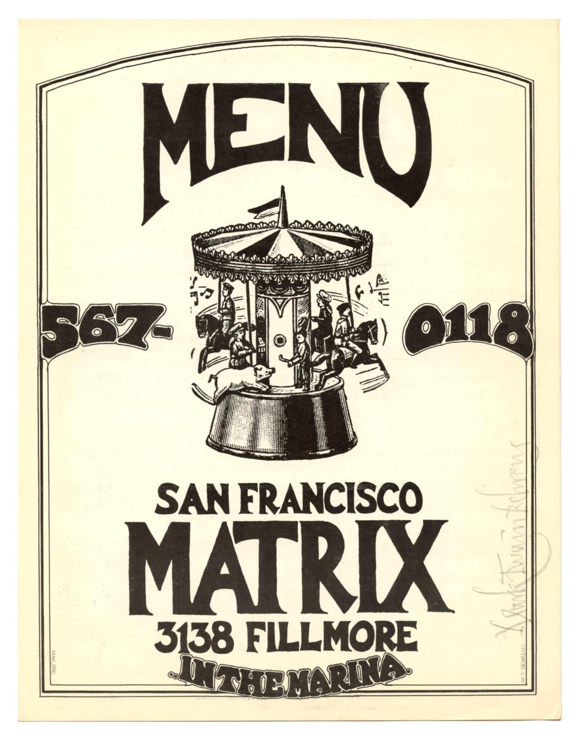 Matrix San Francisco Club Manu 1970 Mark T. Behrens Designed Signed