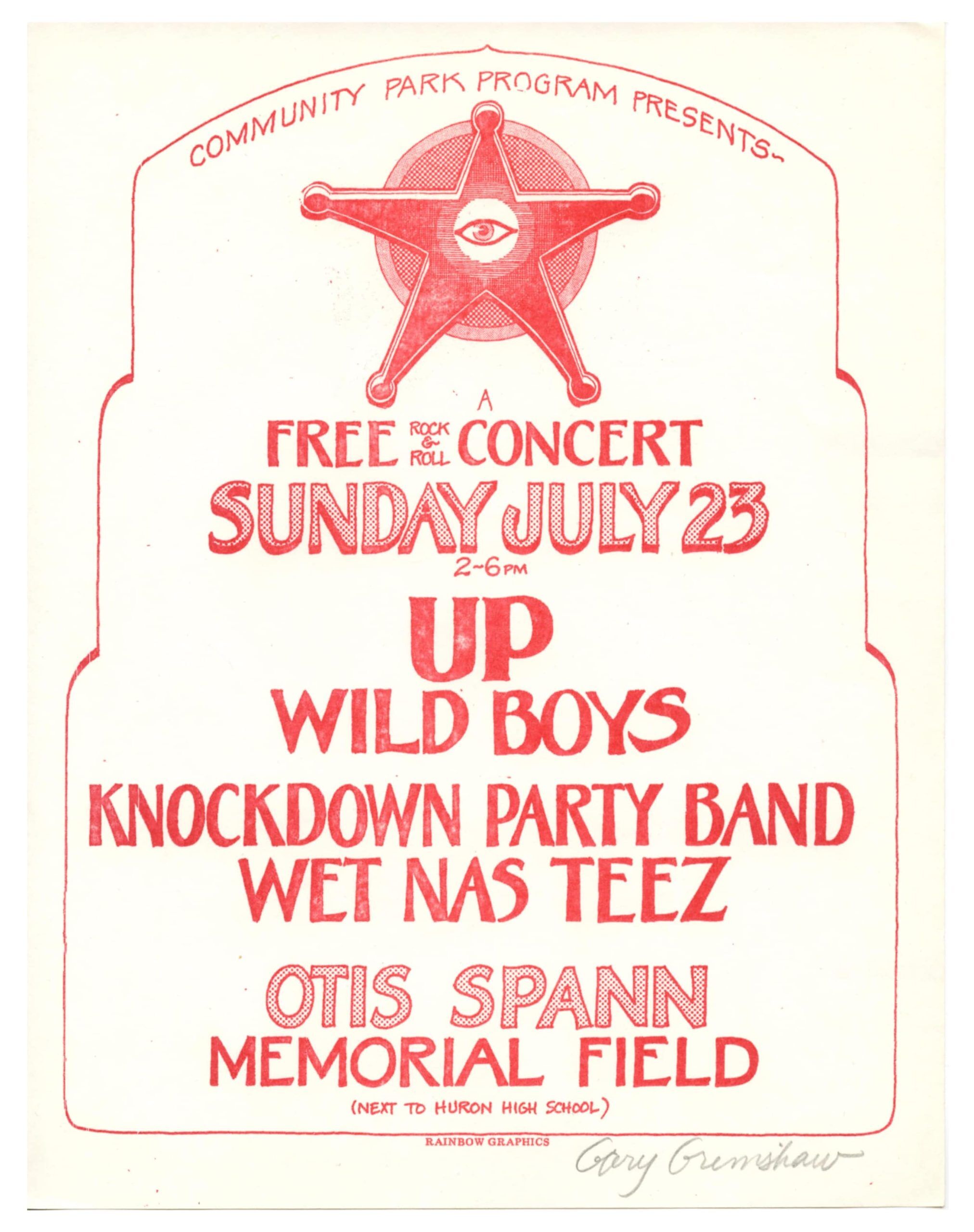 Knockdown Party Band UP Handbill 1972 Jul 23 Ann Arbor Grimshaw signed